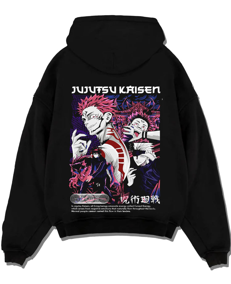 Black pullover hoodie laid flat with Itadori Sukuna Hoodie Jujutsu Kaisen Curse Clash graphic bold anime graphic.