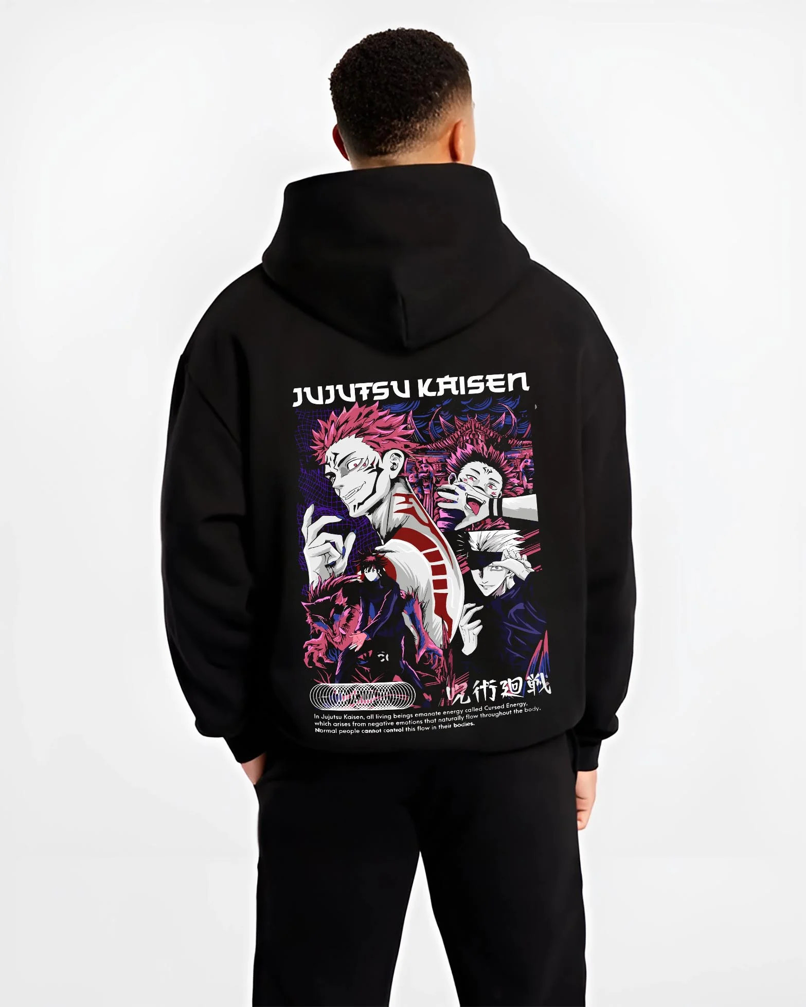 Black hoodie worn by male model, back view with Itadori Sukuna Hoodie Jujutsu Kaisen Curse Clash graphic premium wear.