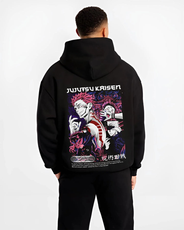 Black hoodie worn by male model, back view with Itadori Sukuna Hoodie Jujutsu Kaisen Curse Clash graphic premium wear.