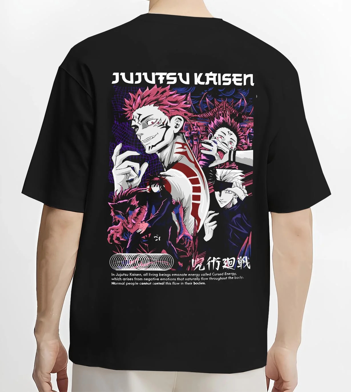 Black T-shirt worn by male model, back view with Itadori Sukuna Hoodie Jujutsu Kaisen Curse Clash graphic streetwear graphic.