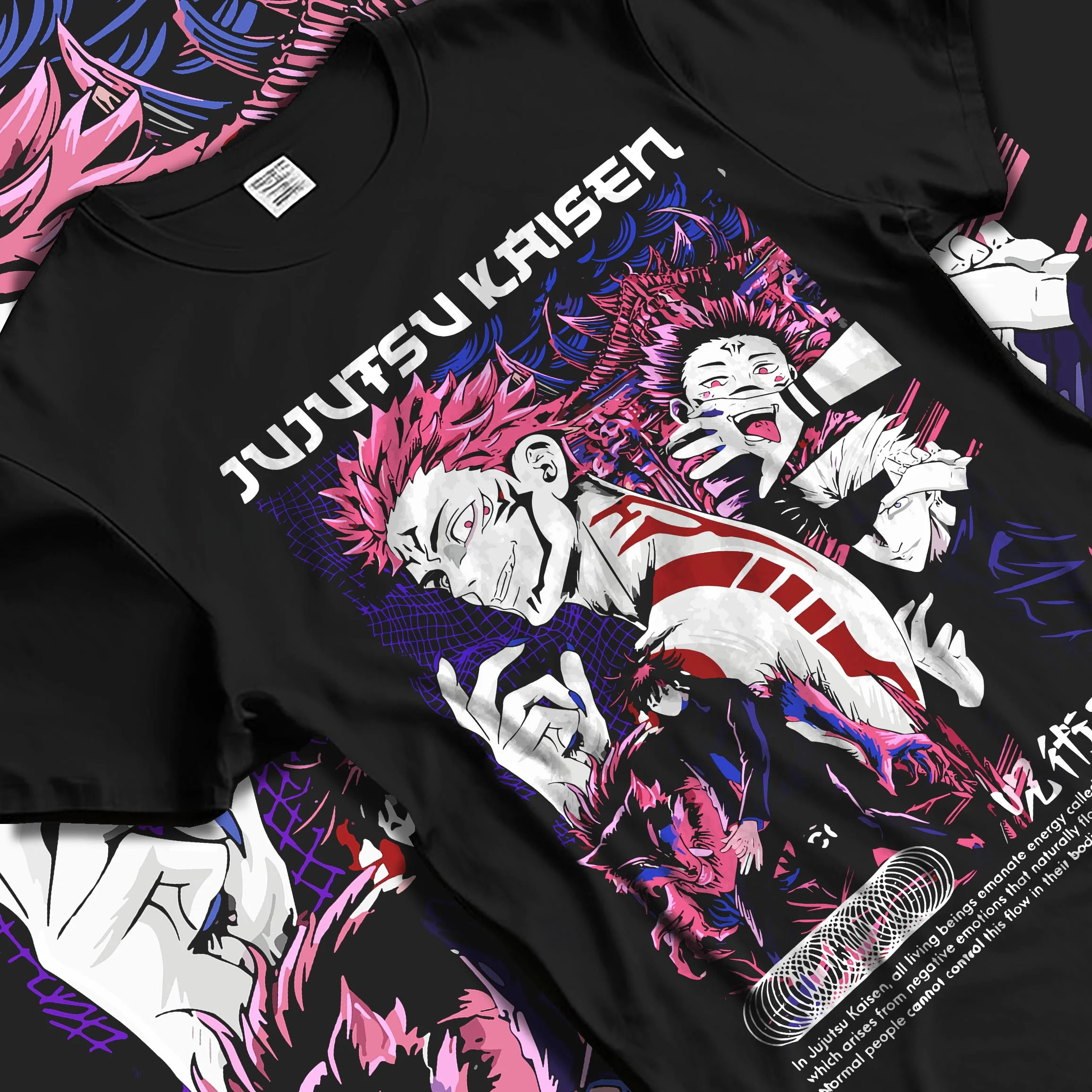 Black T-shirt laid flat with natural folds with Itadori Sukuna Hoodie Jujutsu Kaisen Curse Clash graphic premium wear.