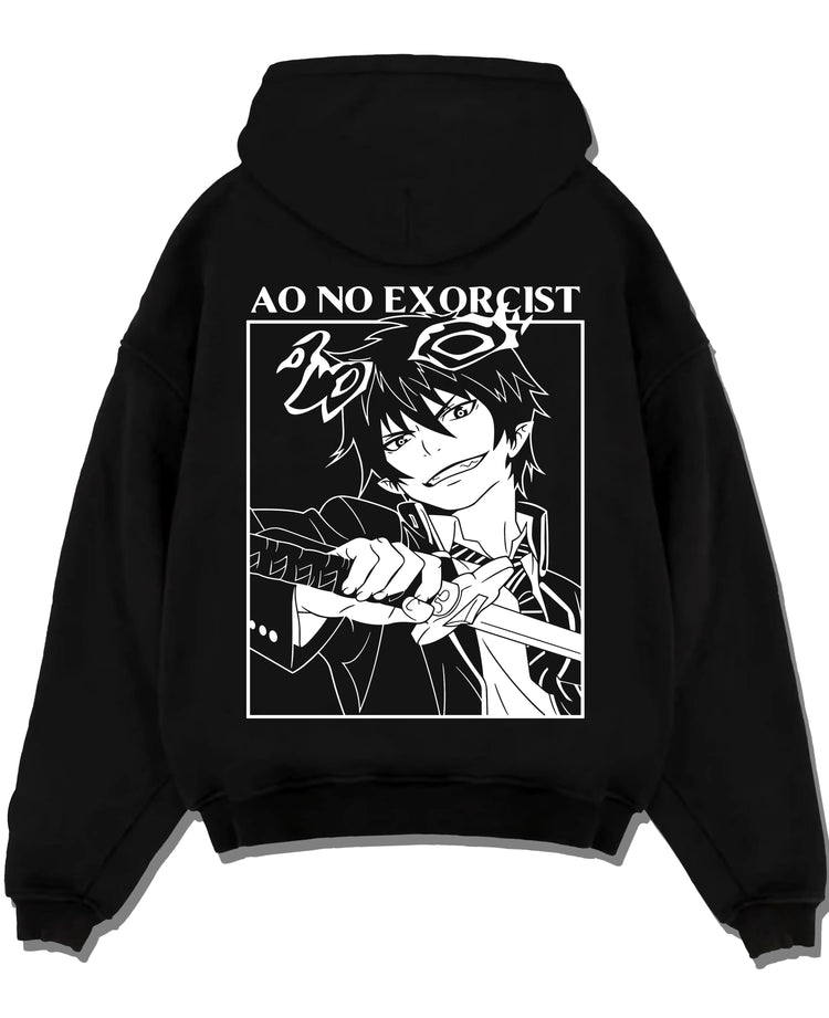 Black pullover hoodie laid flat with Rin Okumura Hoodie Blue Exorcist Flames of Satan graphic streetwear graphic.