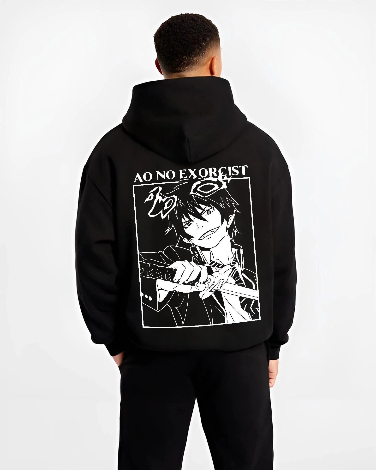 Black hoodie worn by male model, back view with Rin Okumura Hoodie Blue Exorcist Flames of Satan graphic premium wear.