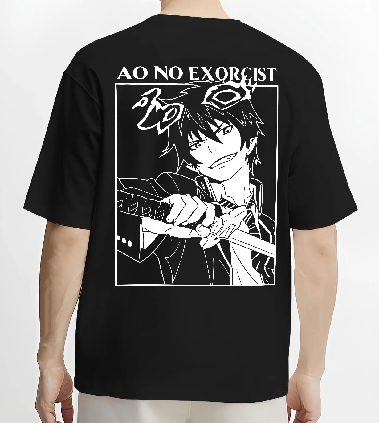 Black T-shirt worn by male model, back view with Rin Okumura Hoodie Blue Exorcist Flames of Satan graphic streetwear graphic.
