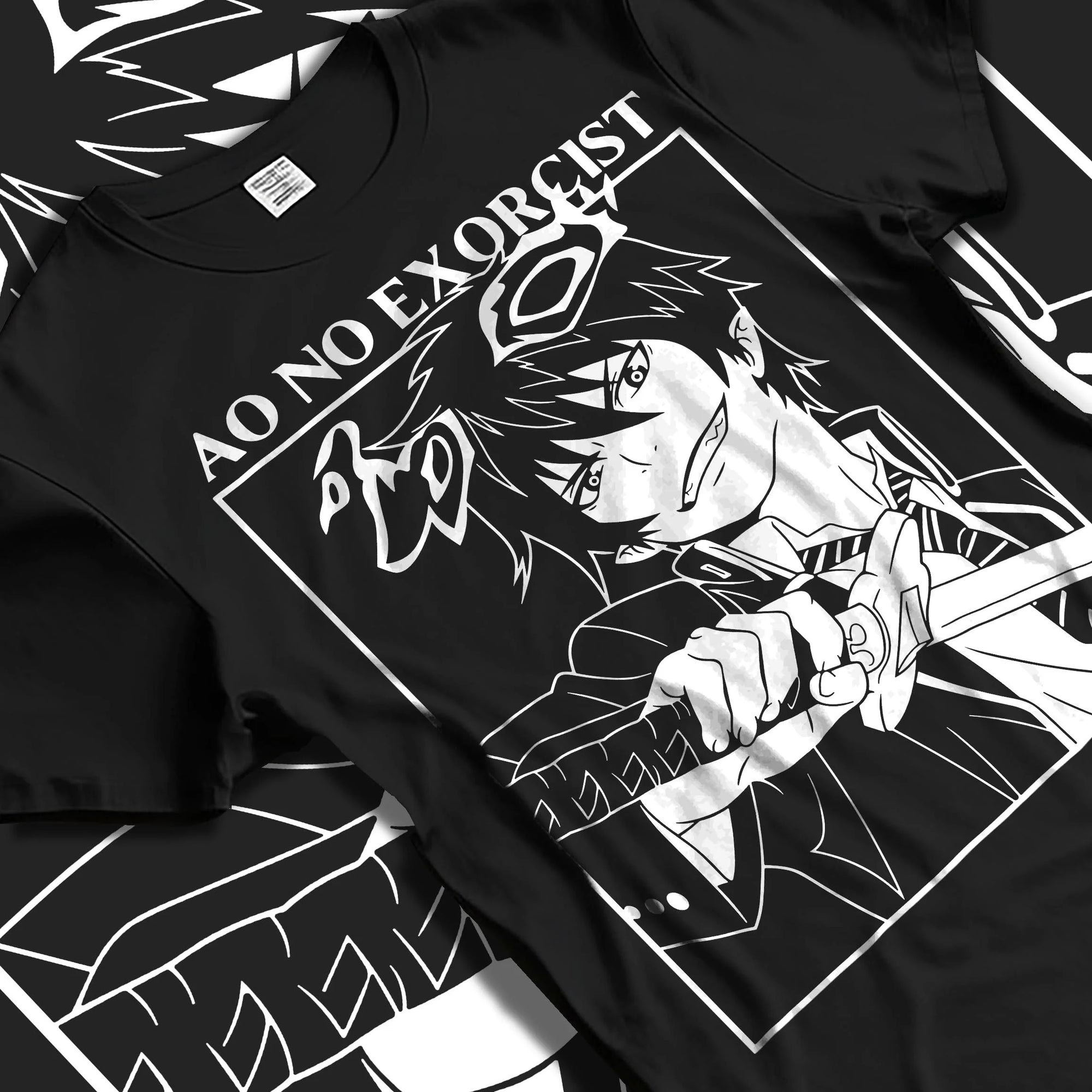 Black T-shirt laid flat with natural folds with Rin Okumura Hoodie Blue Exorcist Flames of Satan graphic bold anime graphic.