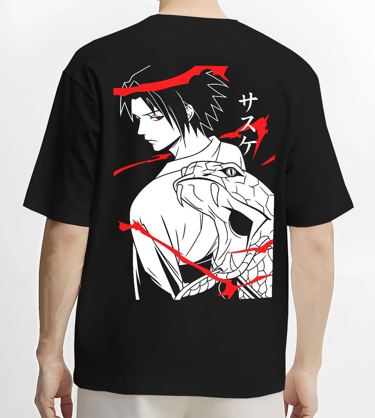 Black T-shirt worn by male model from the back featuring Sasuke Uchiha Sharingan snake power Naruto artwork.