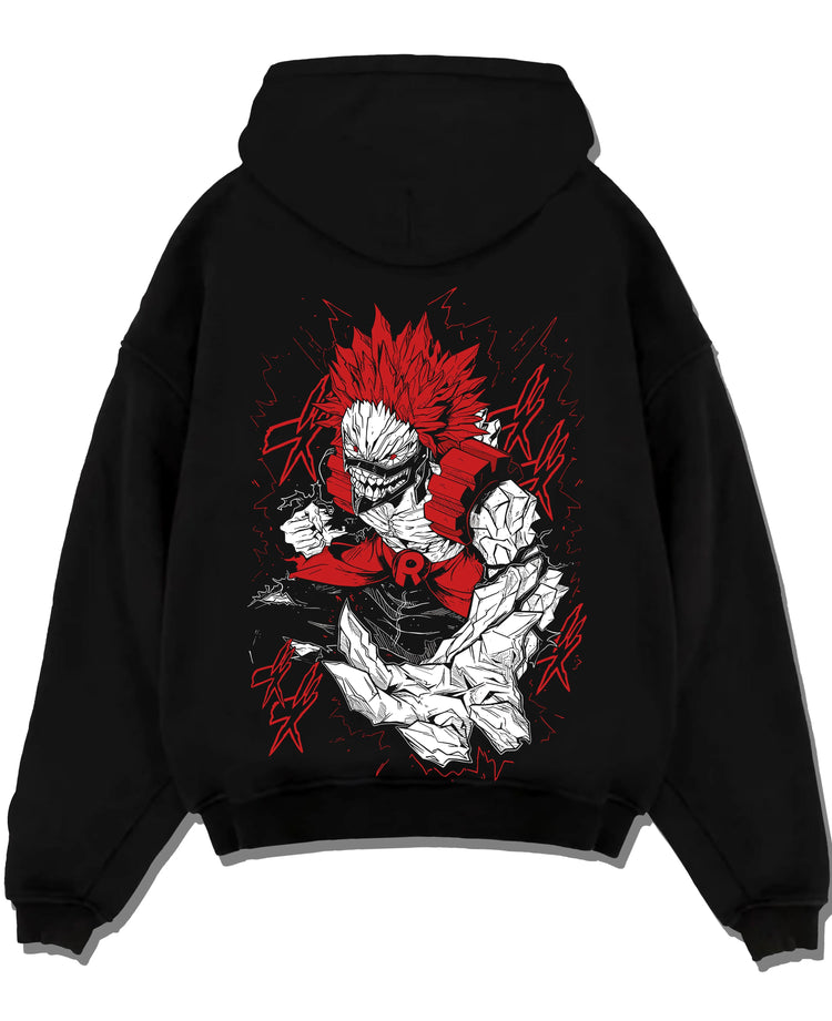 Black pullover hoodie laid flat with Eijiro Kirishima Hoodie My Hero Academia Red Riot Hero graphic streetwear graphic.