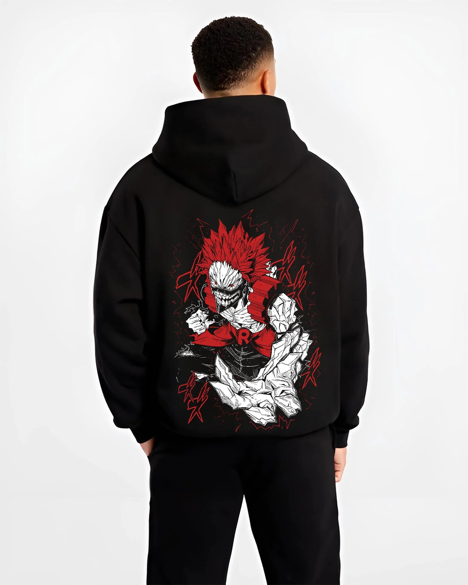 Black hoodie worn by male model, back view with Eijiro Kirishima Hoodie My Hero Academia Red Riot Hero graphic streetwear graphic.