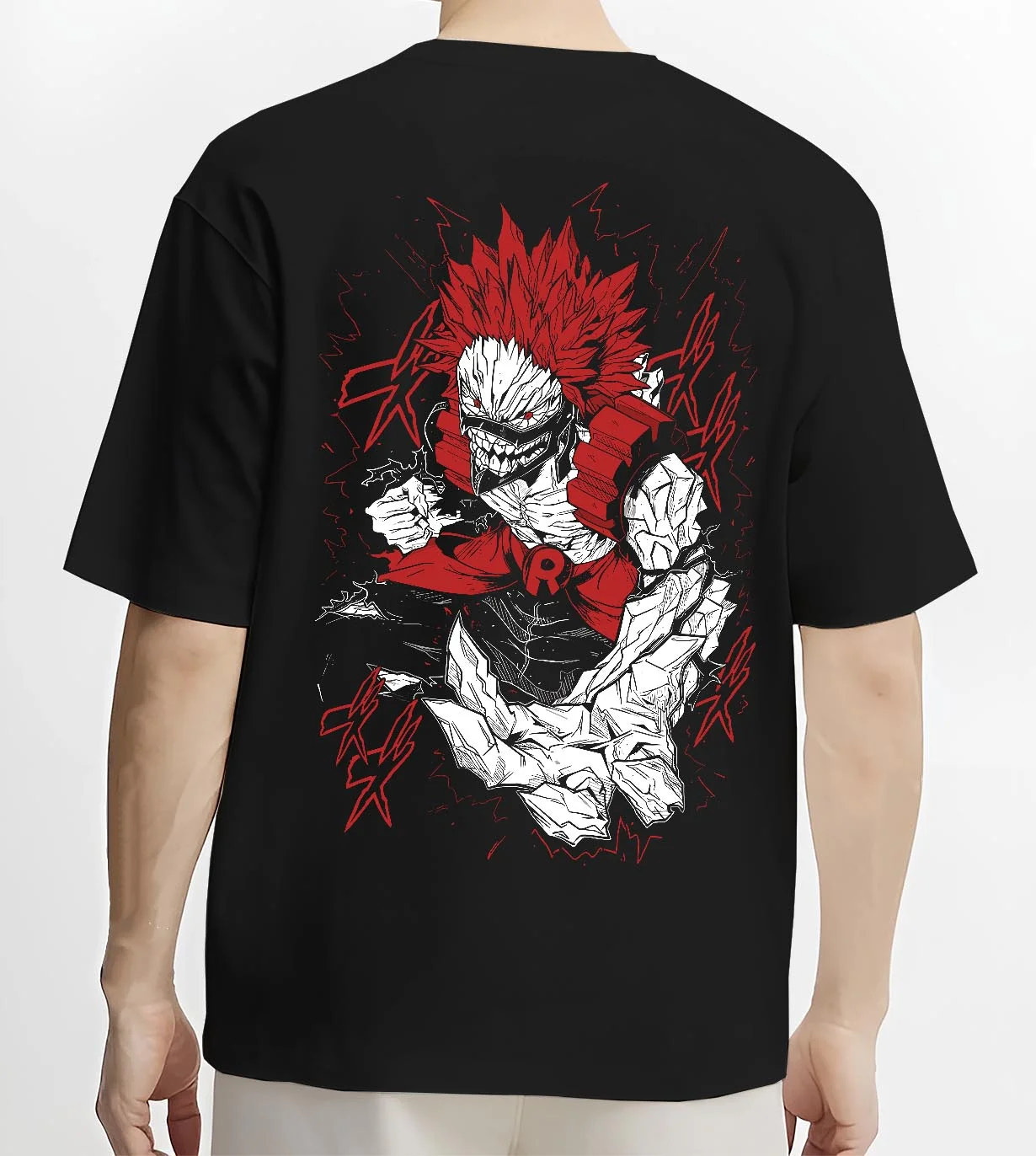 Black T-shirt worn by male model, back view with Eijiro Kirishima Hoodie My Hero Academia Red Riot Hero graphic bold anime graphic.
