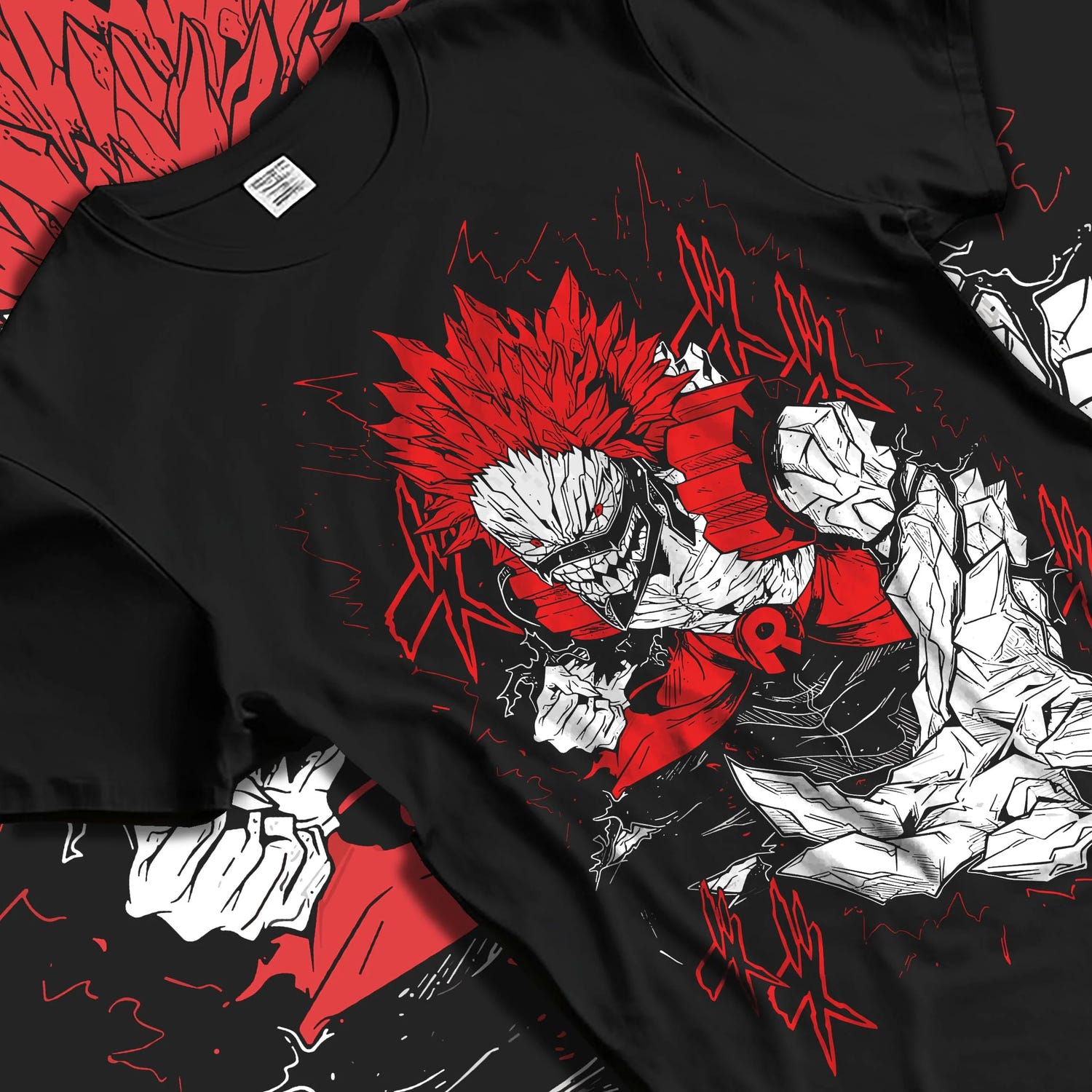 Black T-shirt laid flat with natural folds with Eijiro Kirishima Hoodie My Hero Academia Red Riot Hero graphic streetwear graphic.