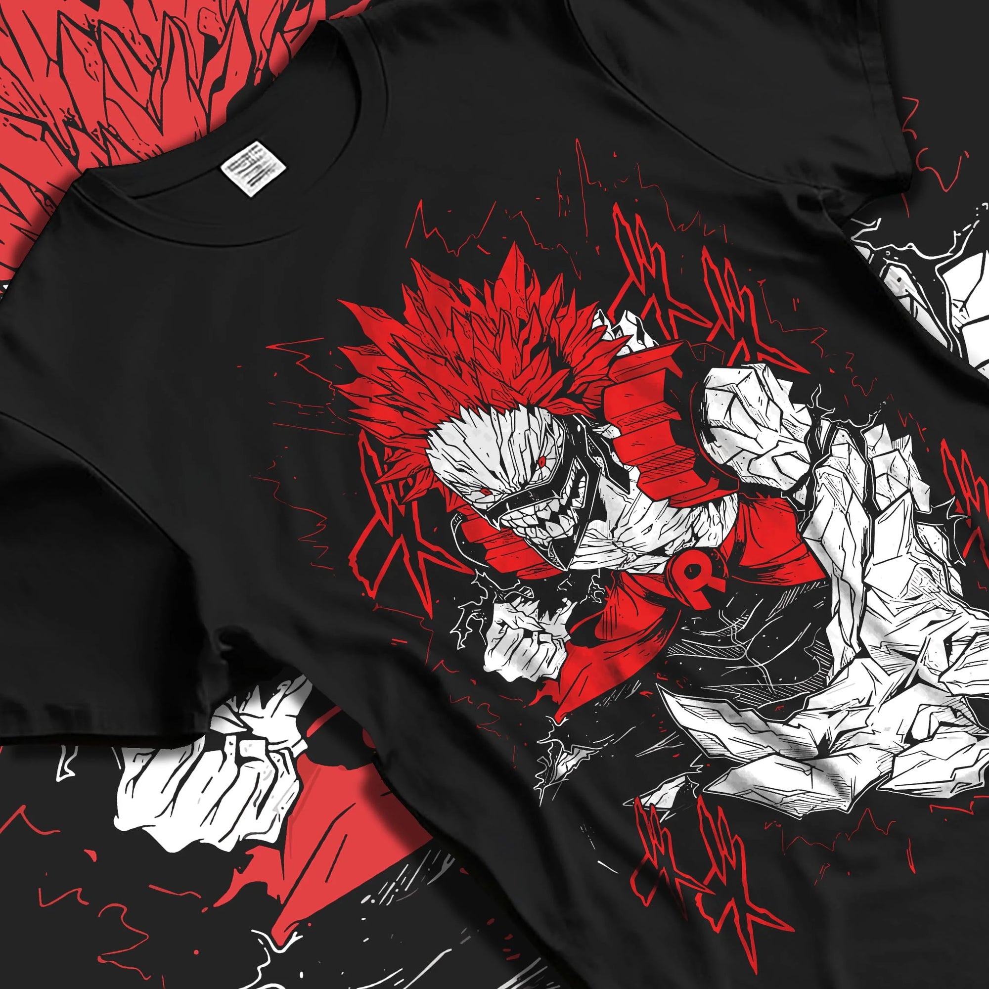 Black T-shirt laid flat with natural folds with Eijiro Kirishima Hoodie My Hero Academia Red Riot Hero graphic streetwear graphic.
