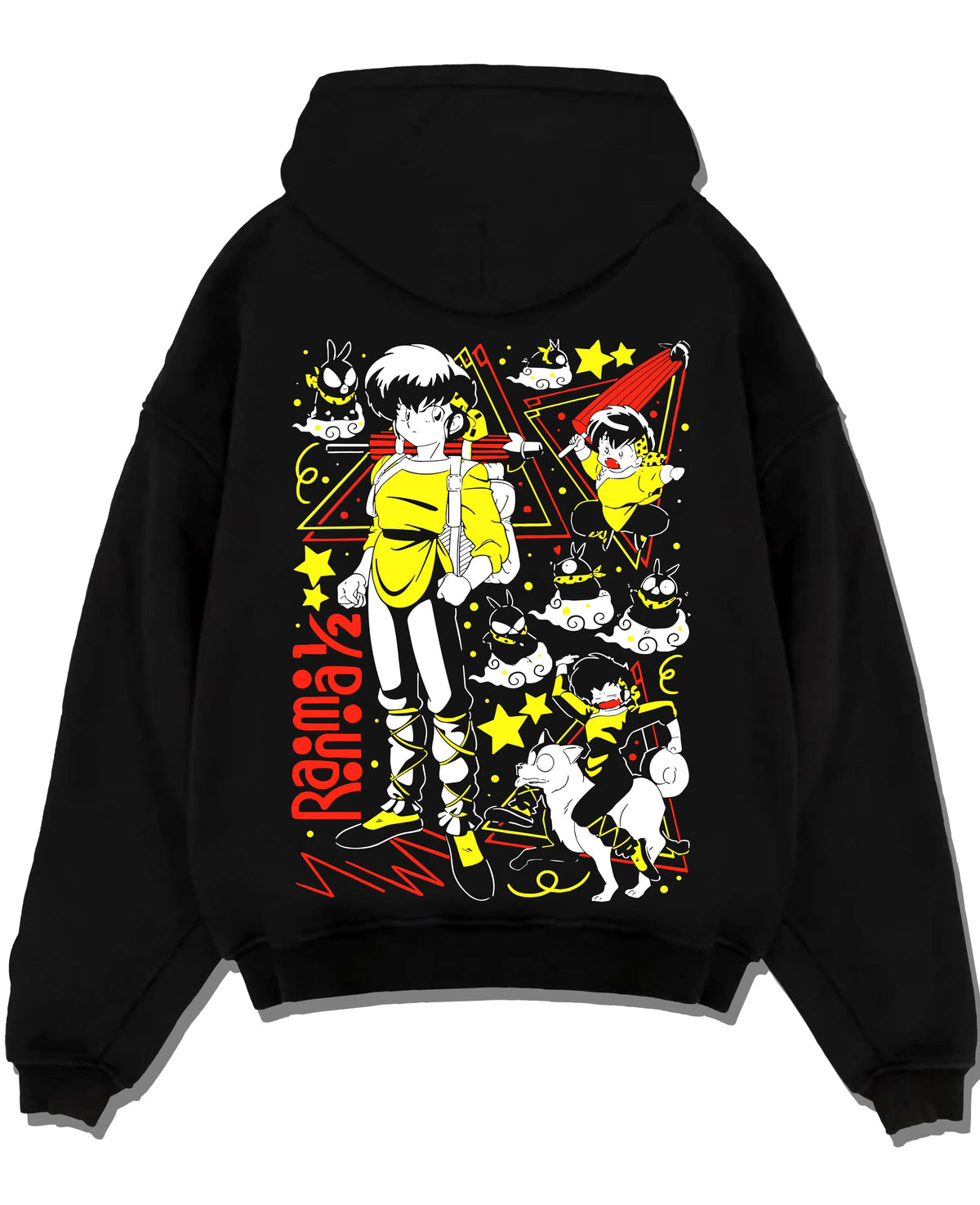 Black hoodie laid flat featuring Ranma 1/2 cursed spring and panda artwork.