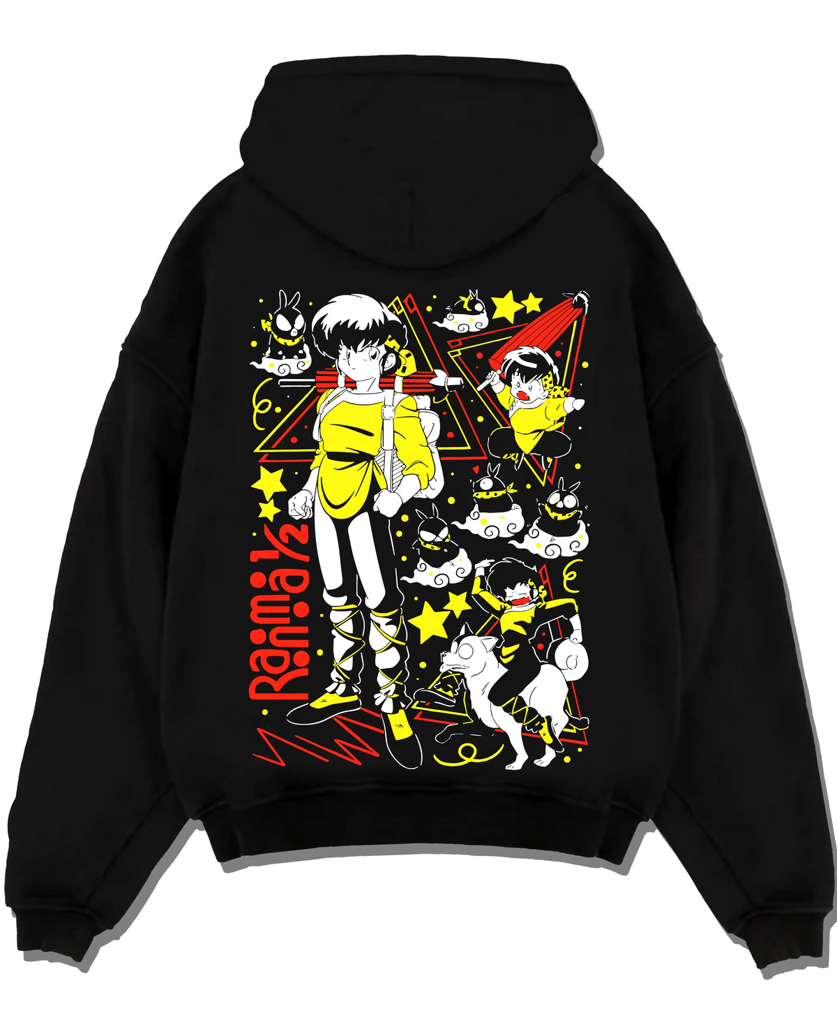 Black hoodie laid flat featuring Ranma 1/2 cursed spring and panda artwork.