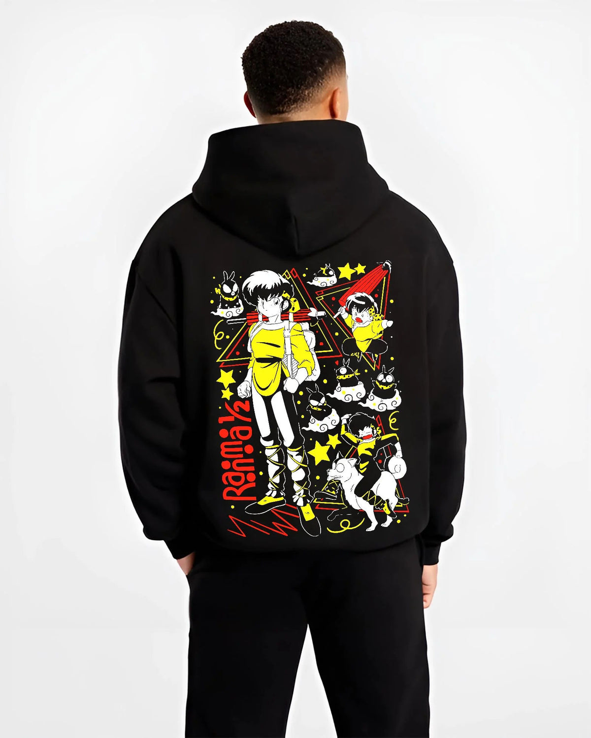 Black hoodie worn by male model from the back featuring Ranma 1/2 cursed spring and panda artwork.