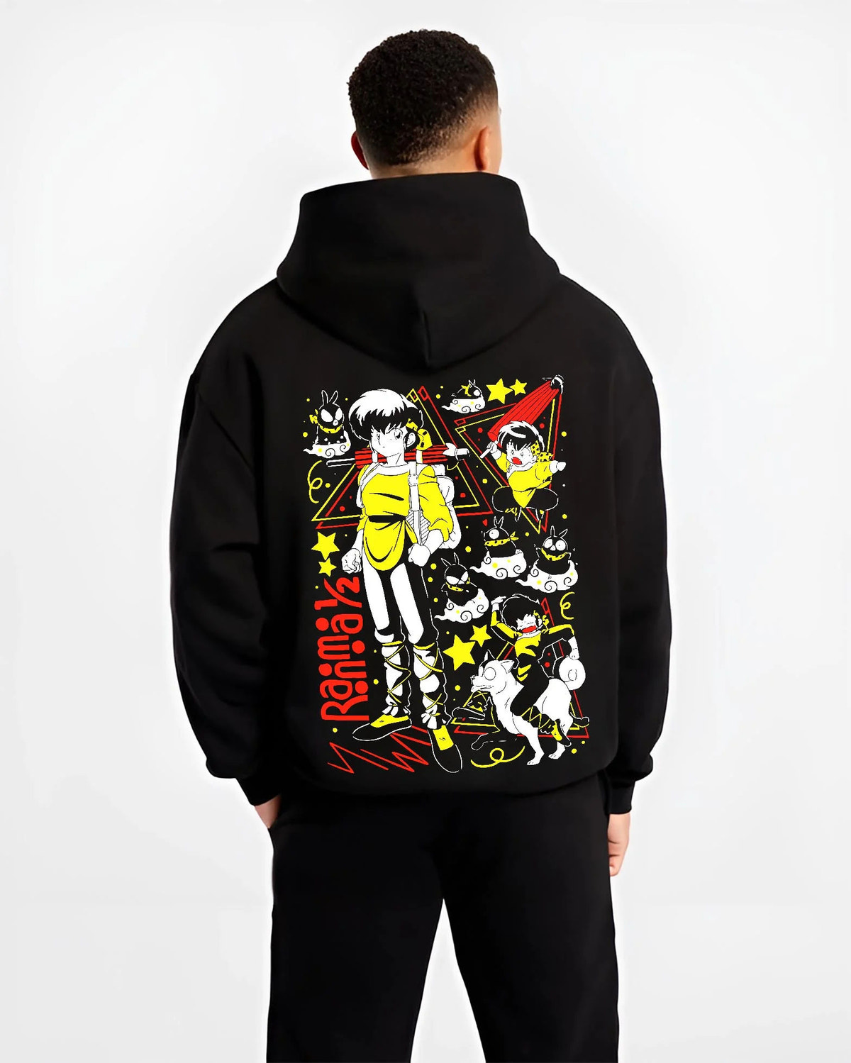Black hoodie worn by male model from the back featuring Ranma 1/2 cursed spring and panda artwork.