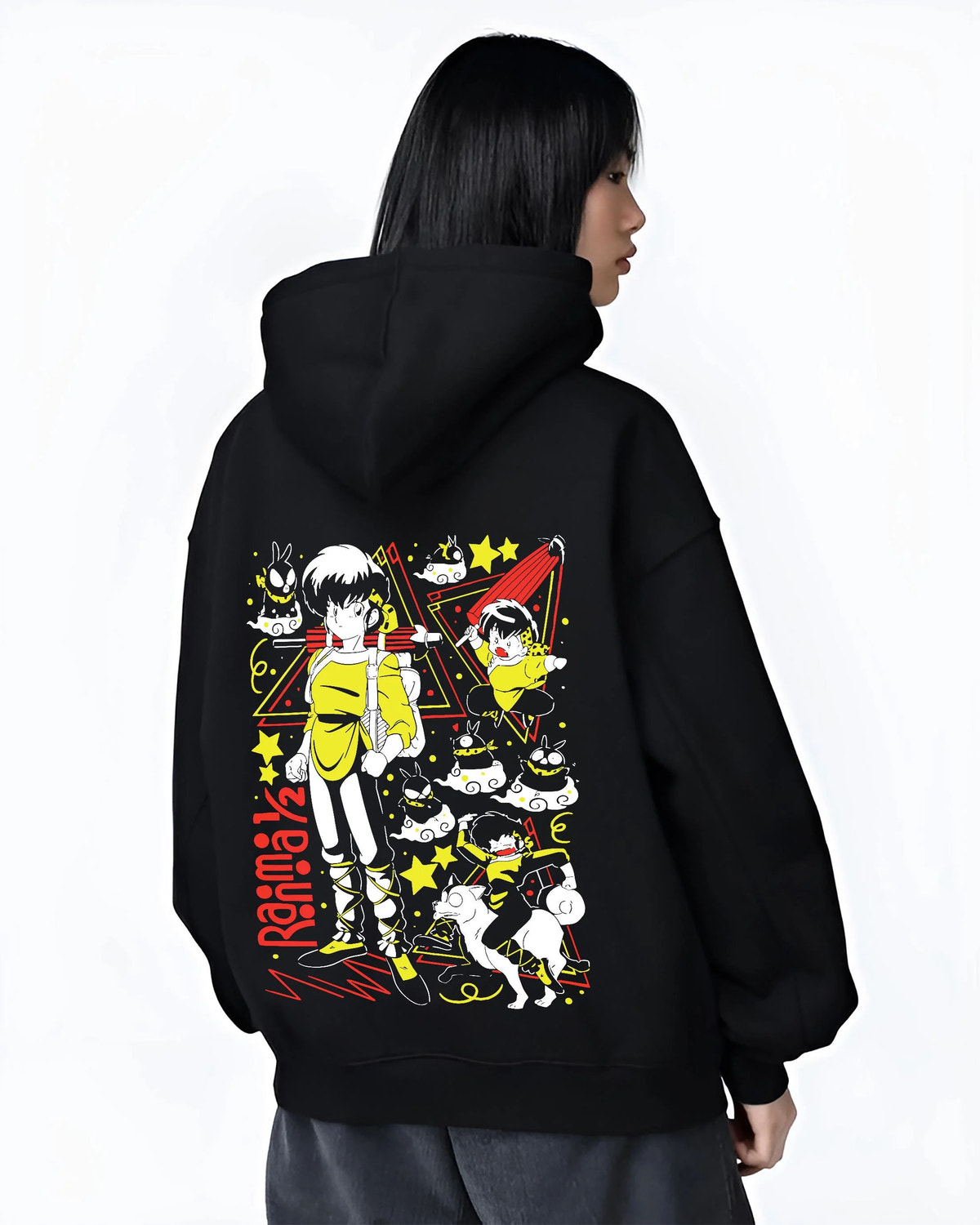 Black hoodie worn by female model from the back featuring Ranma 1/2 cursed spring and panda artwork.