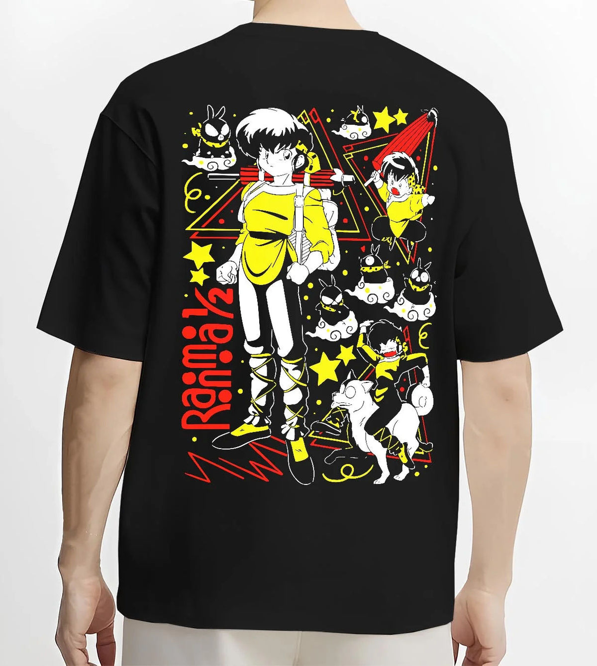 Black T-shirt worn by male model from the back featuring Ranma 1/2 cursed spring and panda artwork.