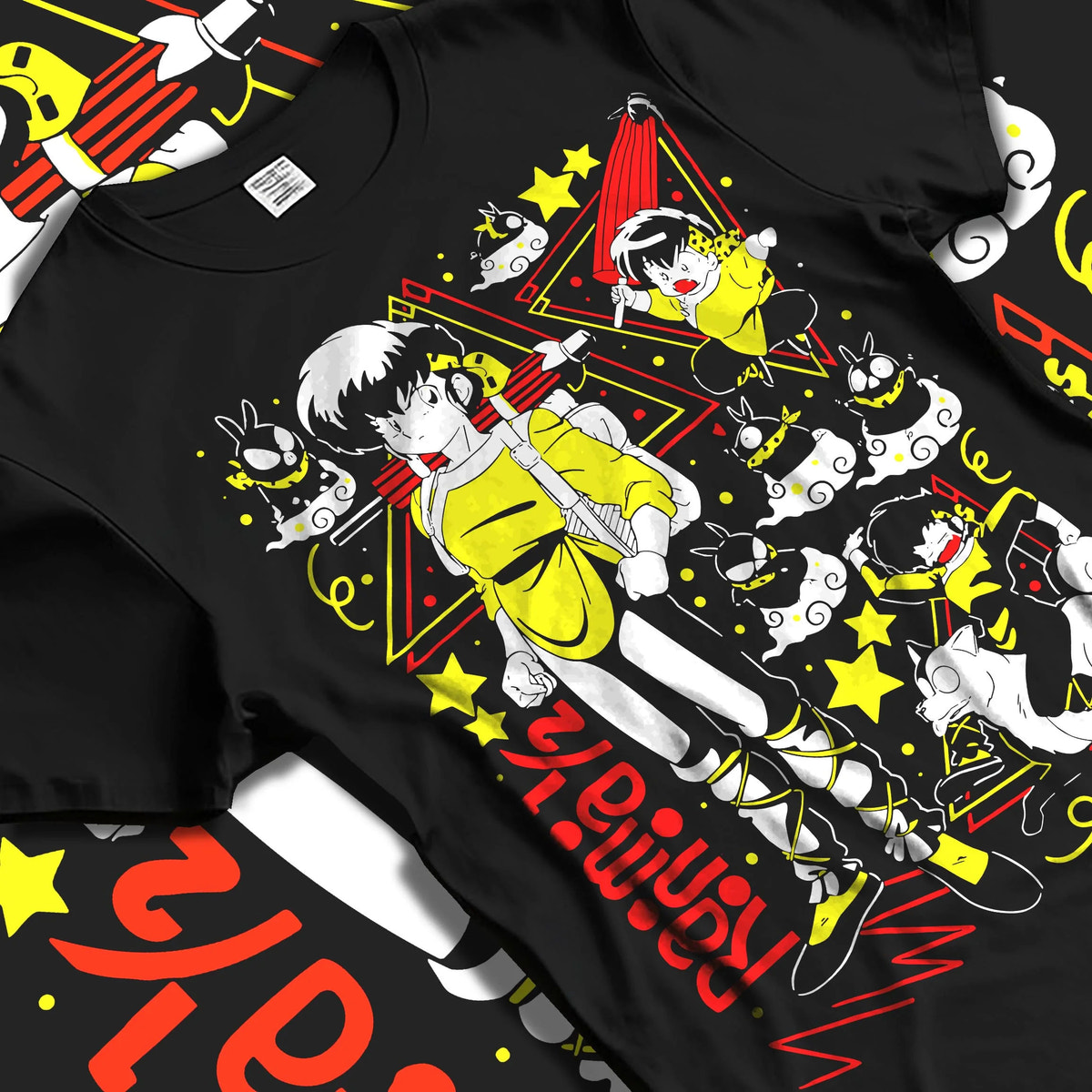 Black T-shirt laid flat with natural folds featuring Ranma 1/2 cursed spring and panda artwork.