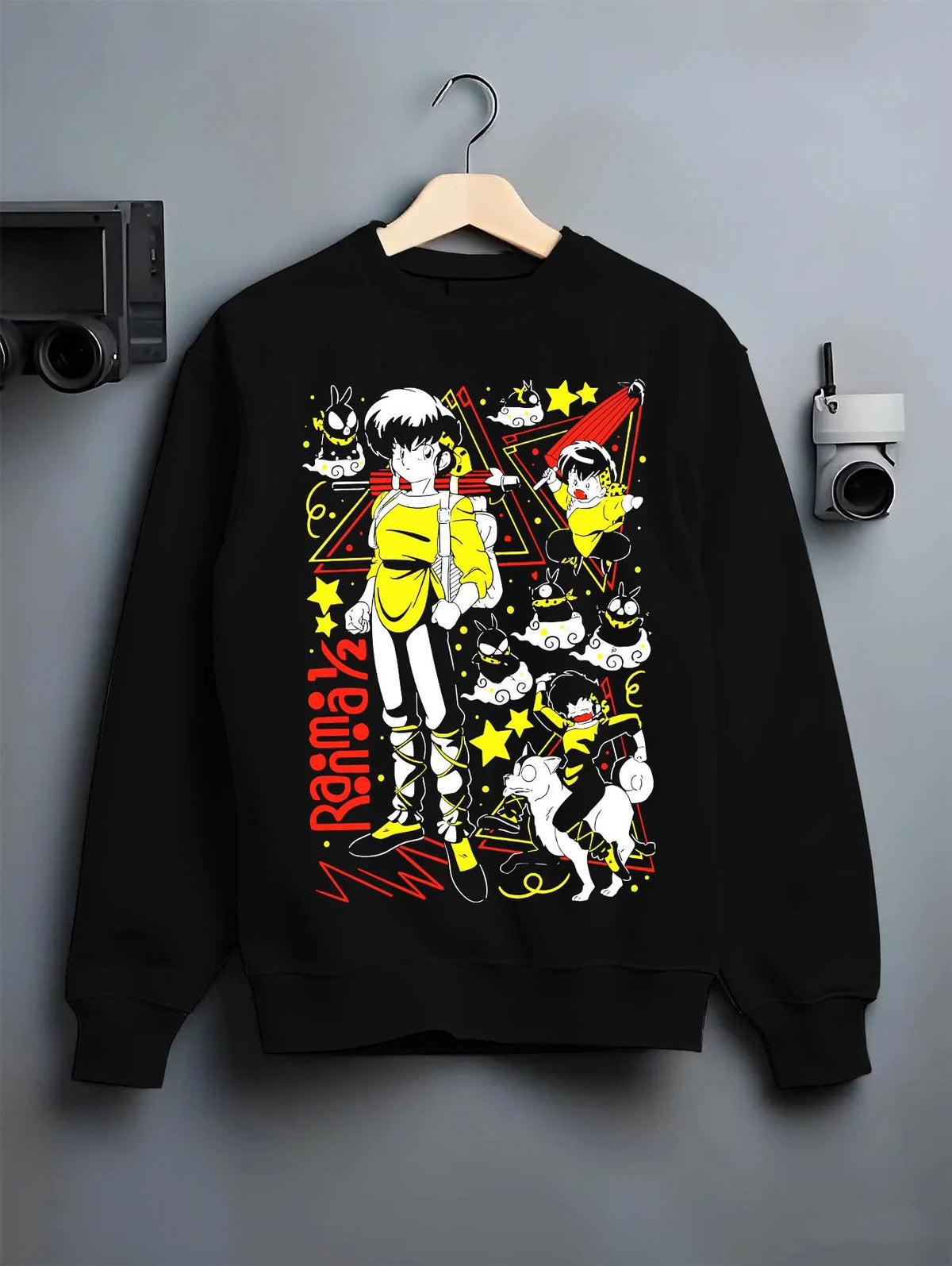 Black crewneck sweatshirt on hanger featuring Ranma 1/2 cursed spring and panda artwork.