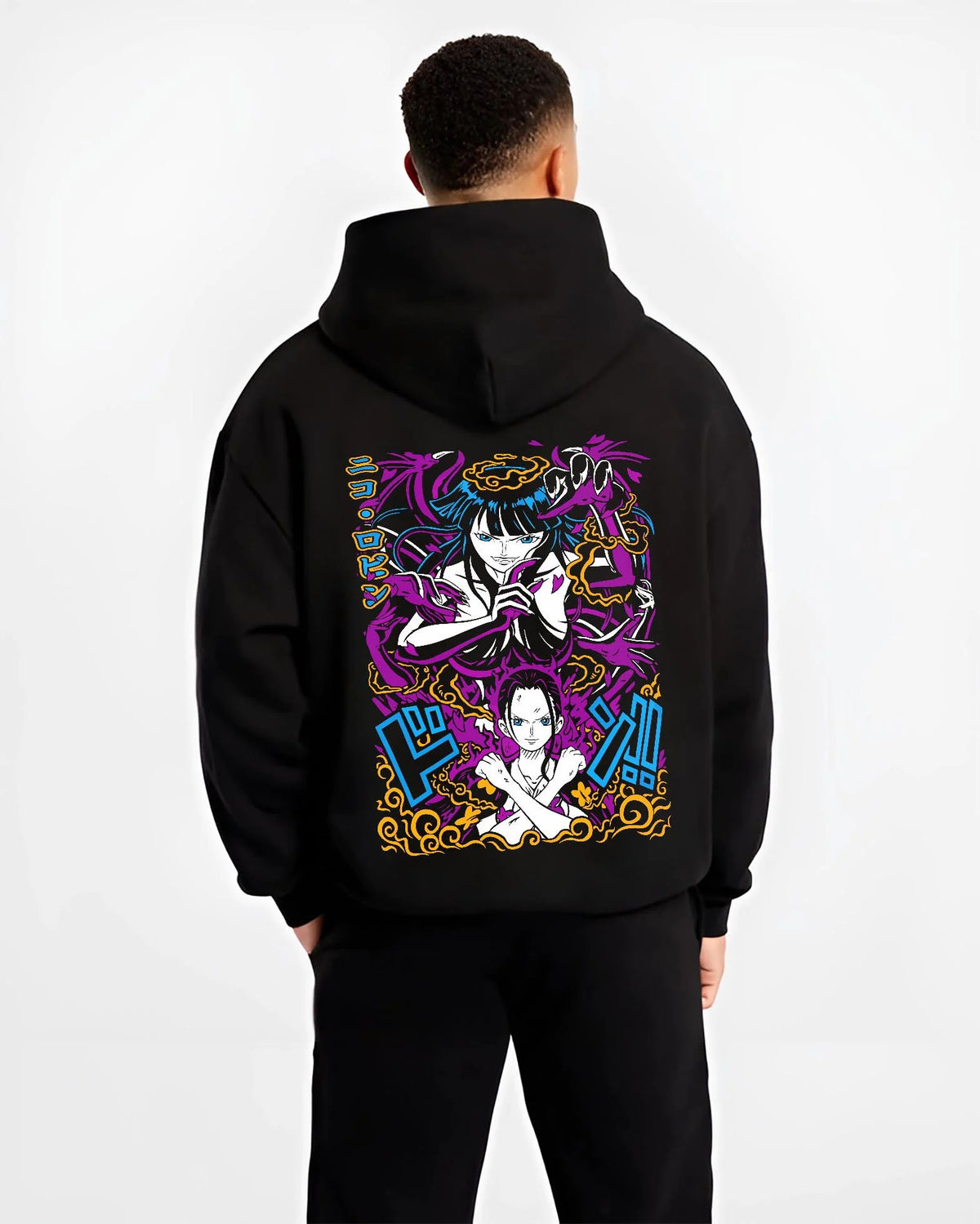 Black hoodie worn by male model from the back featuring Nico Robin Flower-Flower Fruit power One Piece artwork.