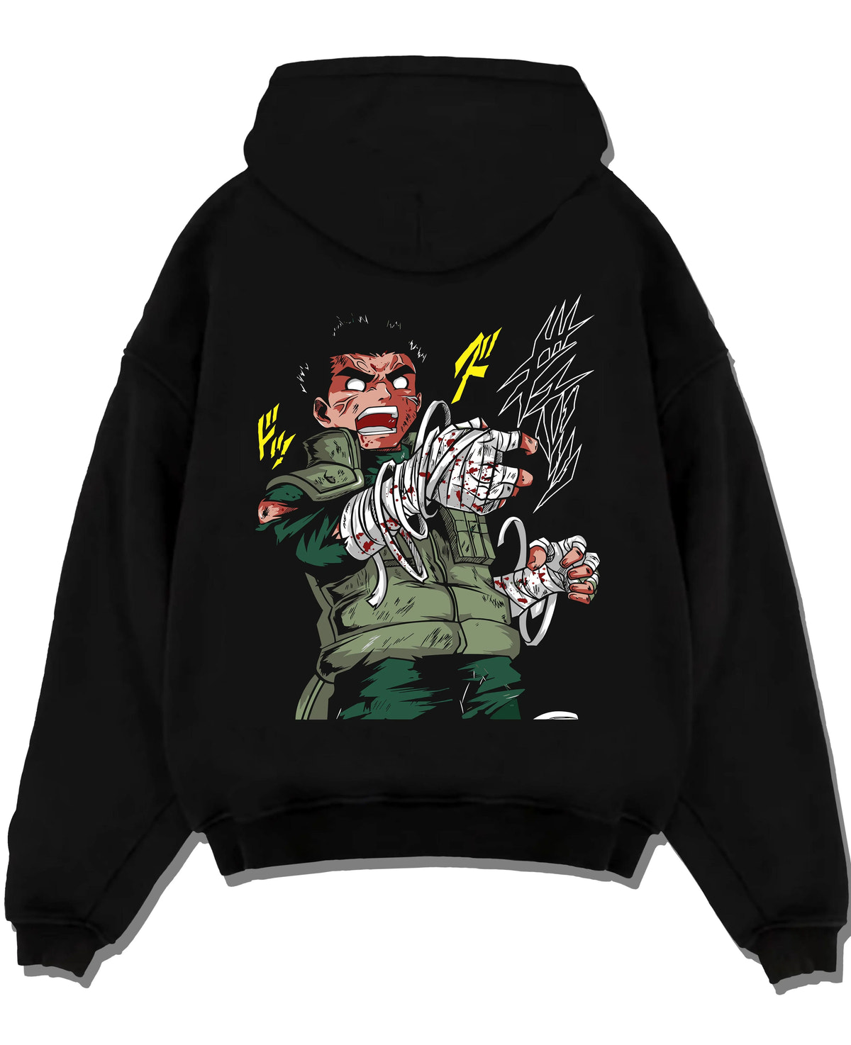 Black hoodie laid flat featuring Rock Lee bandaged fist taijutsu Naruto artwork.
