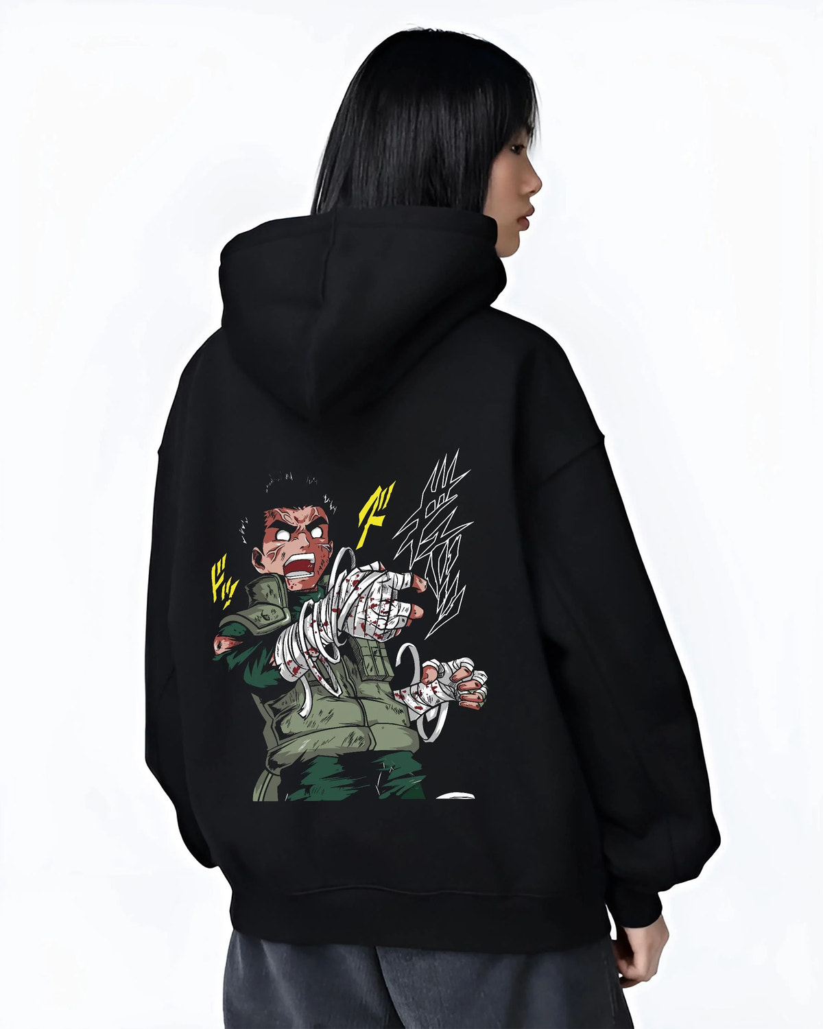 Black hoodie worn by female model from the back featuring Rock Lee bandaged fist taijutsu Naruto artwork.