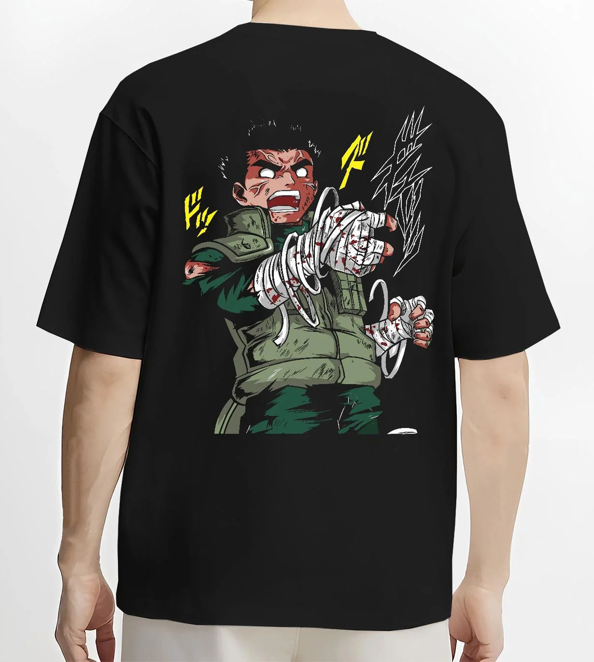 Black T-shirt worn by male model from the back featuring Rock Lee bandaged fist taijutsu Naruto artwork.