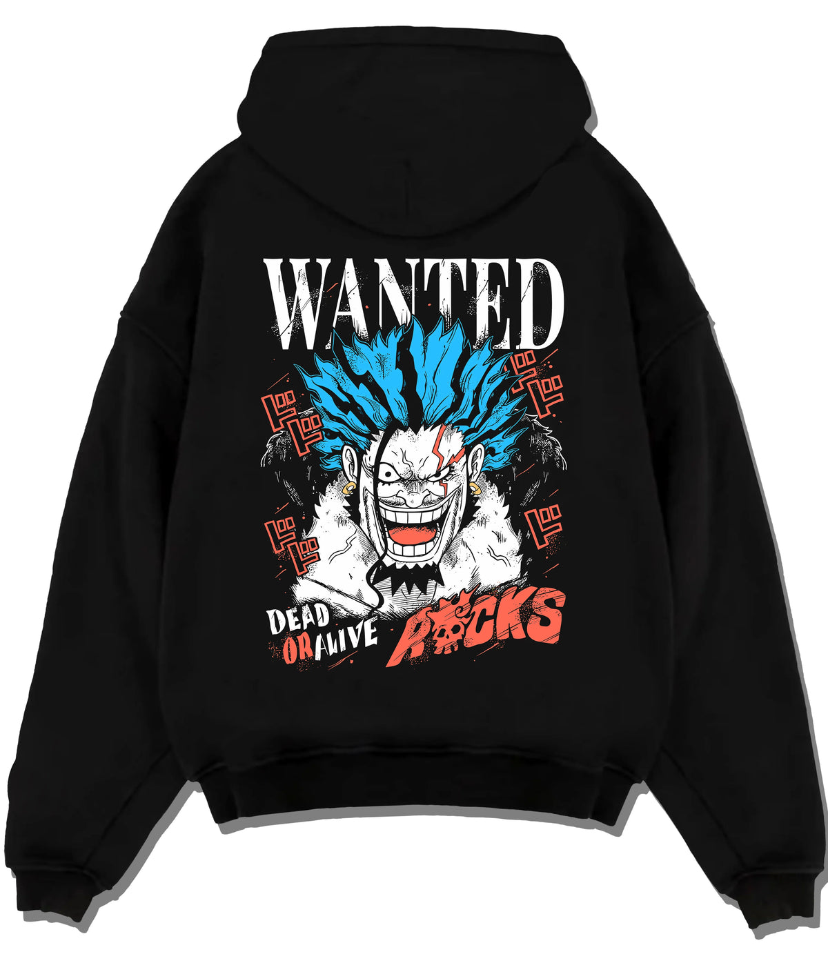 Black hoodie flat back view with Rocks D. Xebec from One Piece illustrated back graphic