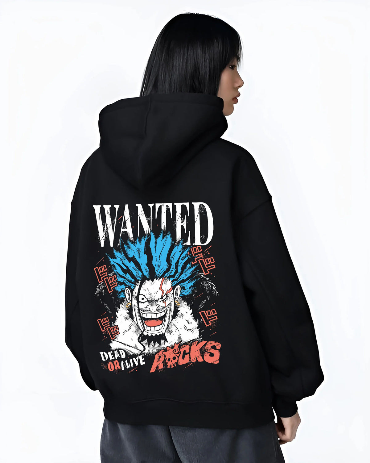Black hoodie female model back view with Rocks D. Xebec from One Piece illustrated back graphic