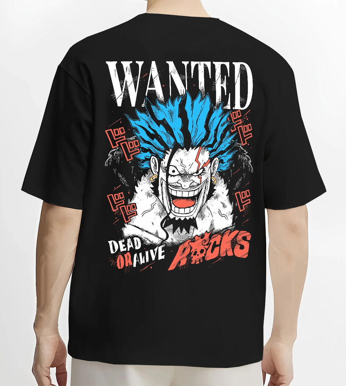 Black T-shirt model back view with Rocks D. Xebec from One Piece illustrated back graphic