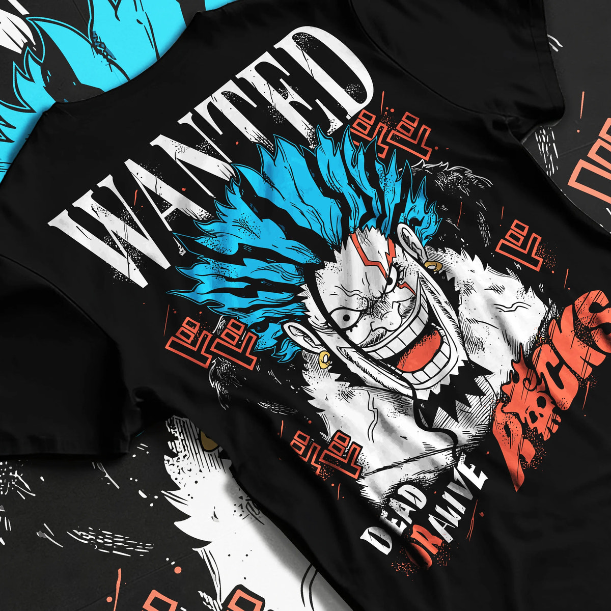 Black T-shirt flat back view with Rocks D. Xebec from One Piece illustrated back graphic