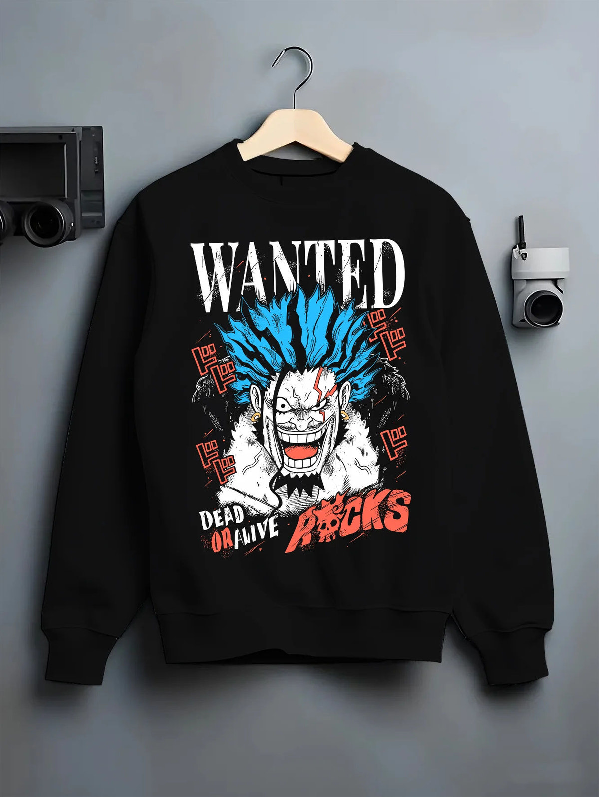 Black crewneck sweatshirt on hanger with Rocks D. Xebec from One Piece illustrated back graphic