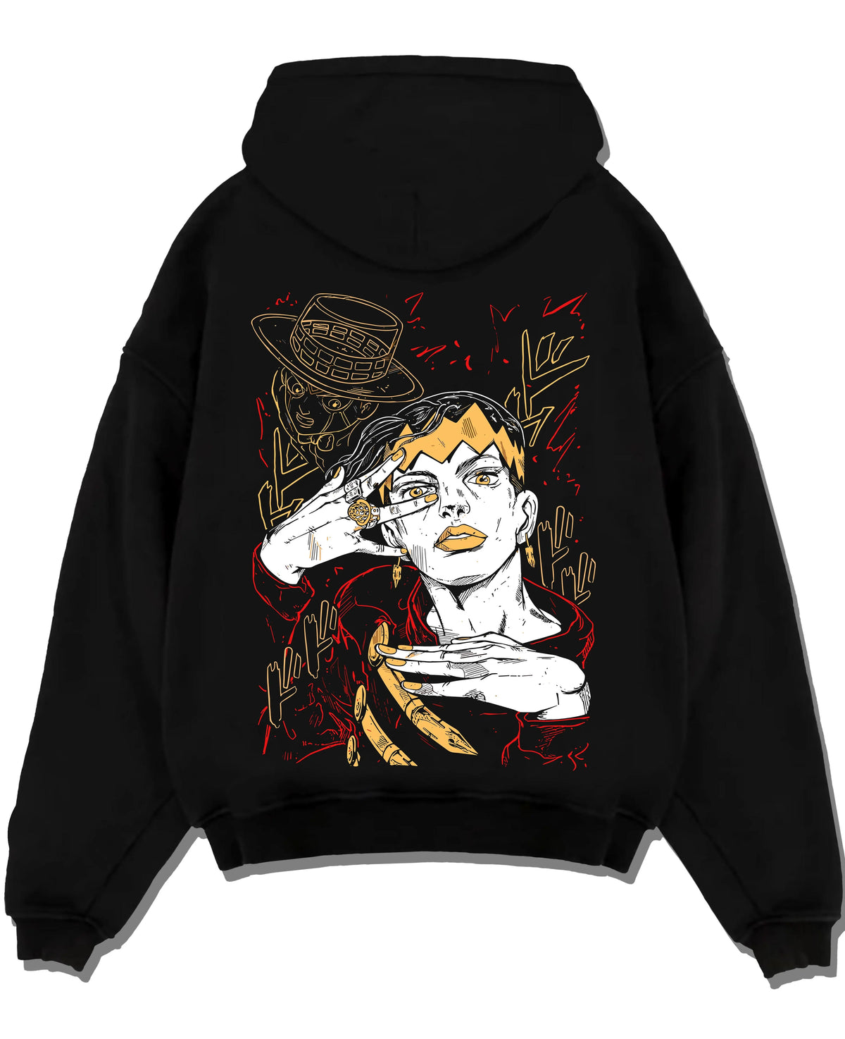 Black hoodie laid flat featuring Rohan Kishibe Heaven's Door JoJo's Bizarre Adventure artwork.