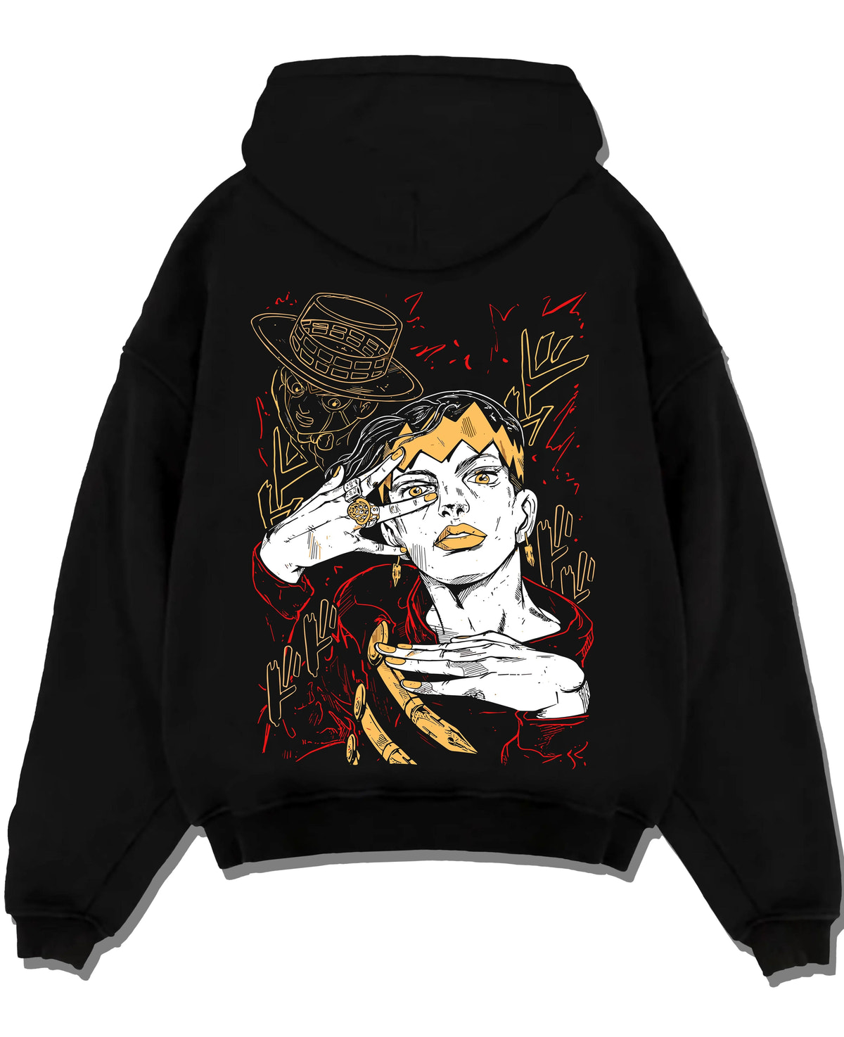 Black hoodie laid flat featuring Rohan Kishibe Heaven's Door JoJo's Bizarre Adventure artwork.