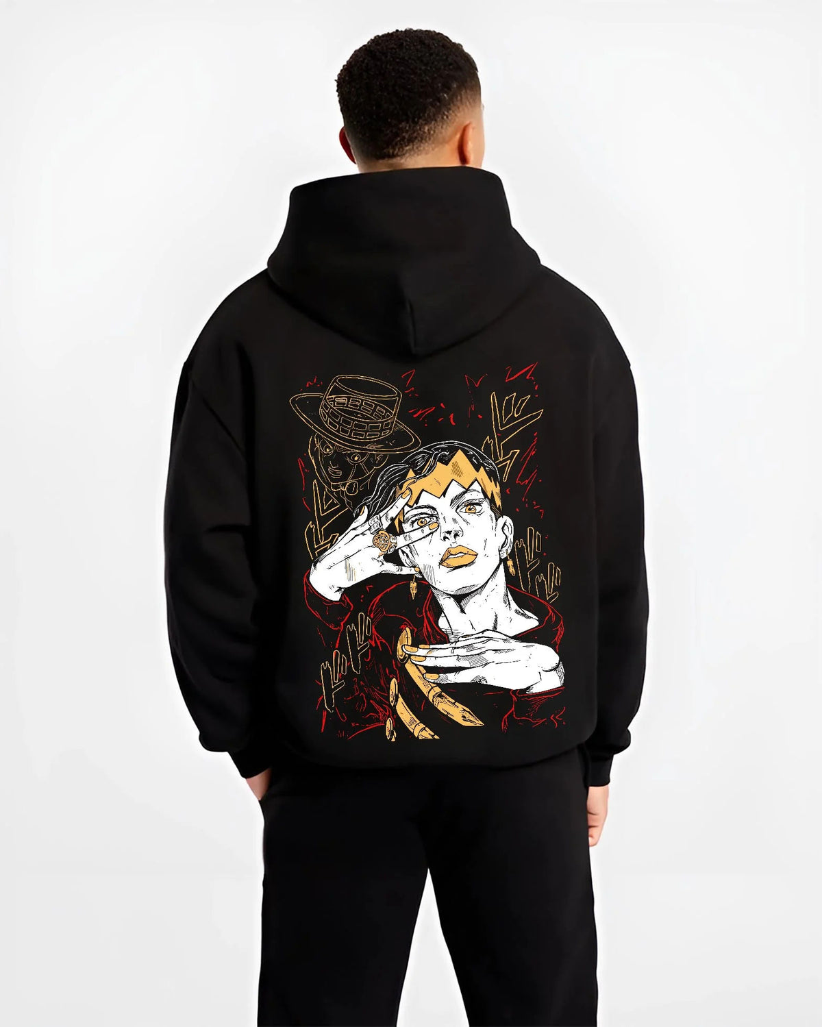 Black hoodie worn by male model from the back featuring Rohan Kishibe Heaven's Door JoJo's Bizarre Adventure artwork.