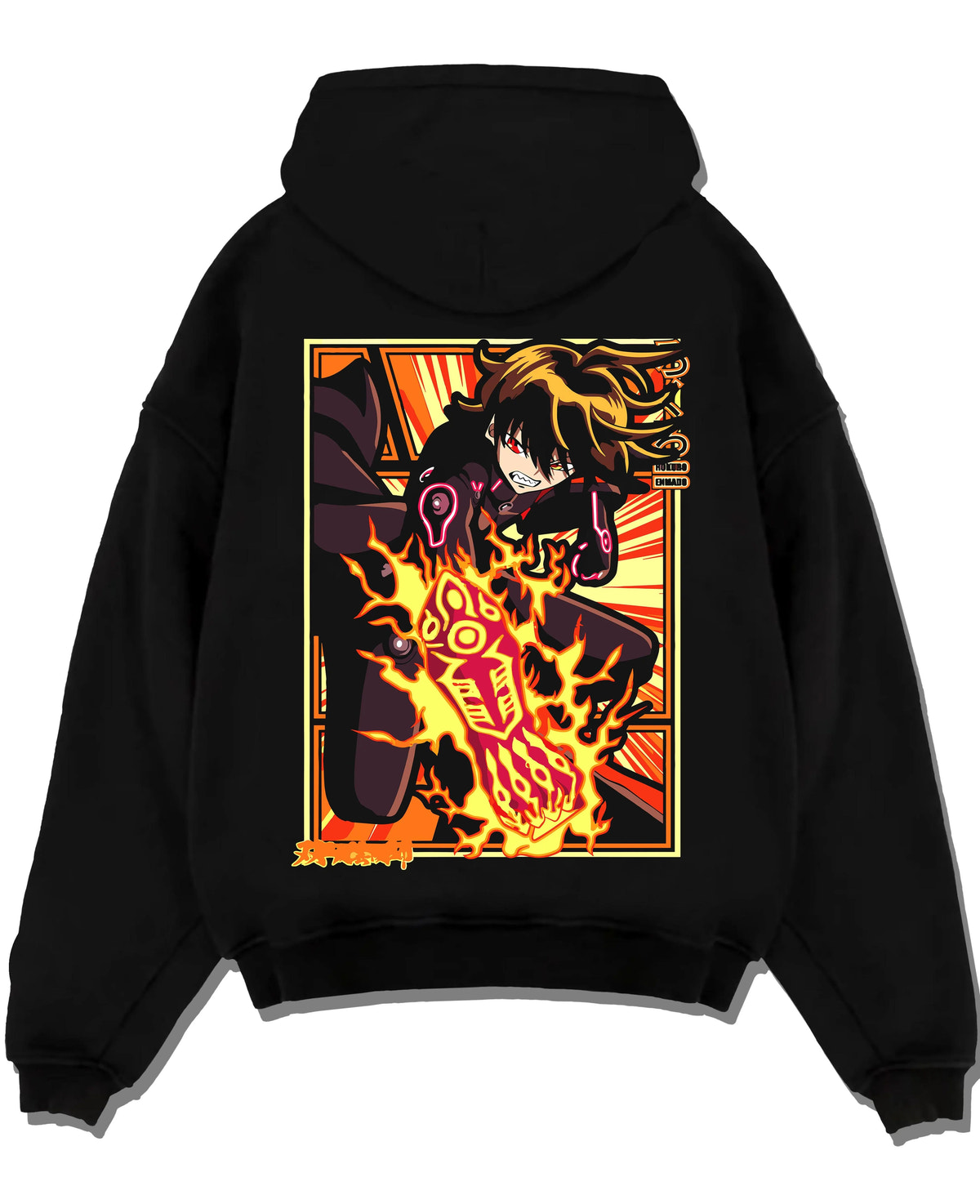 Black hoodie laid flat featuring Shinra Kusakabe Devil's Footprints Fire Force artwork.