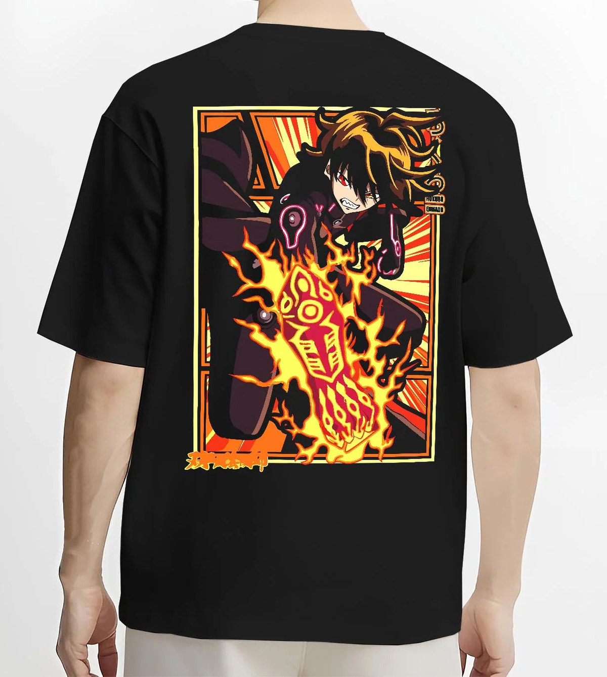 Black T-shirt worn by male model from the back featuring Shinra Kusakabe Devil's Footprints Fire Force artwork.