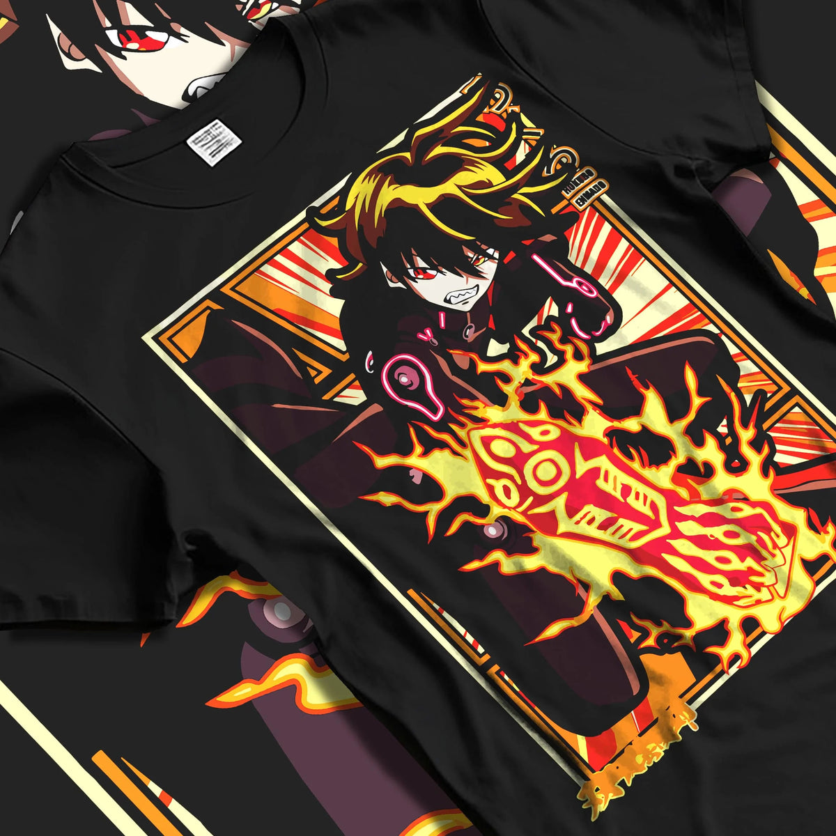 Black T-shirt laid flat with natural folds featuring Shinra Kusakabe Devil's Footprints Fire Force artwork.
