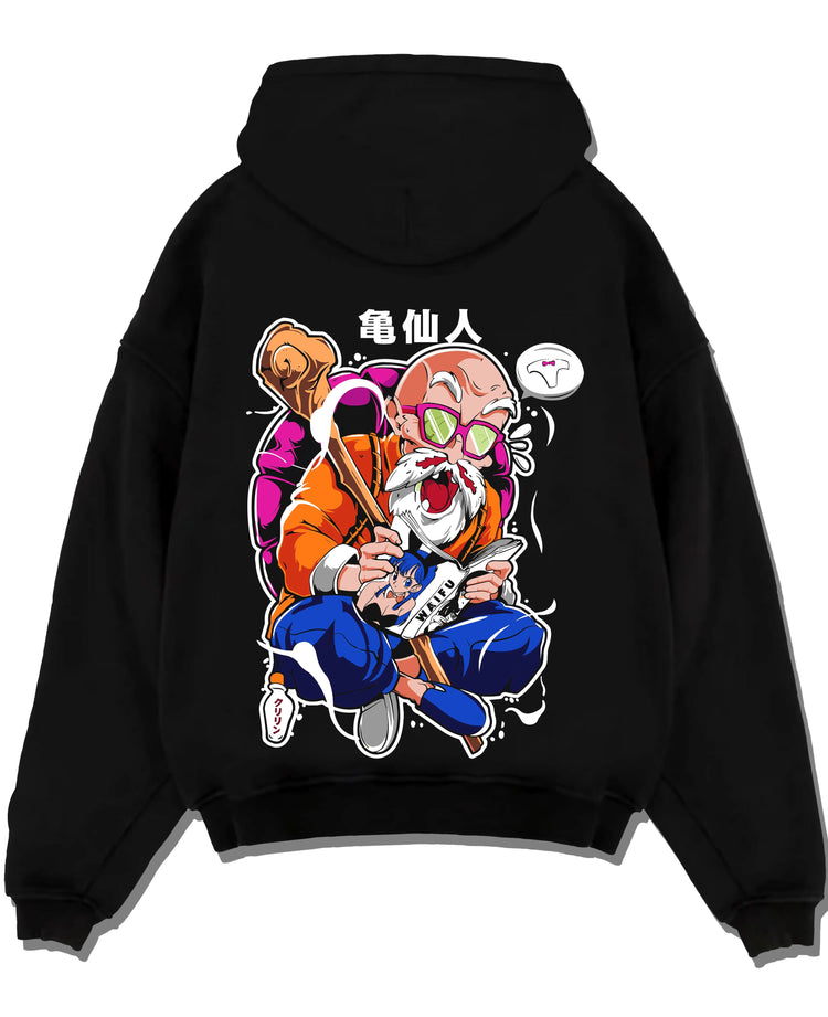 Black pullover hoodie laid flat with Master Roshi Hoodie Dragon Ball Martial Arts graphic premium wear.