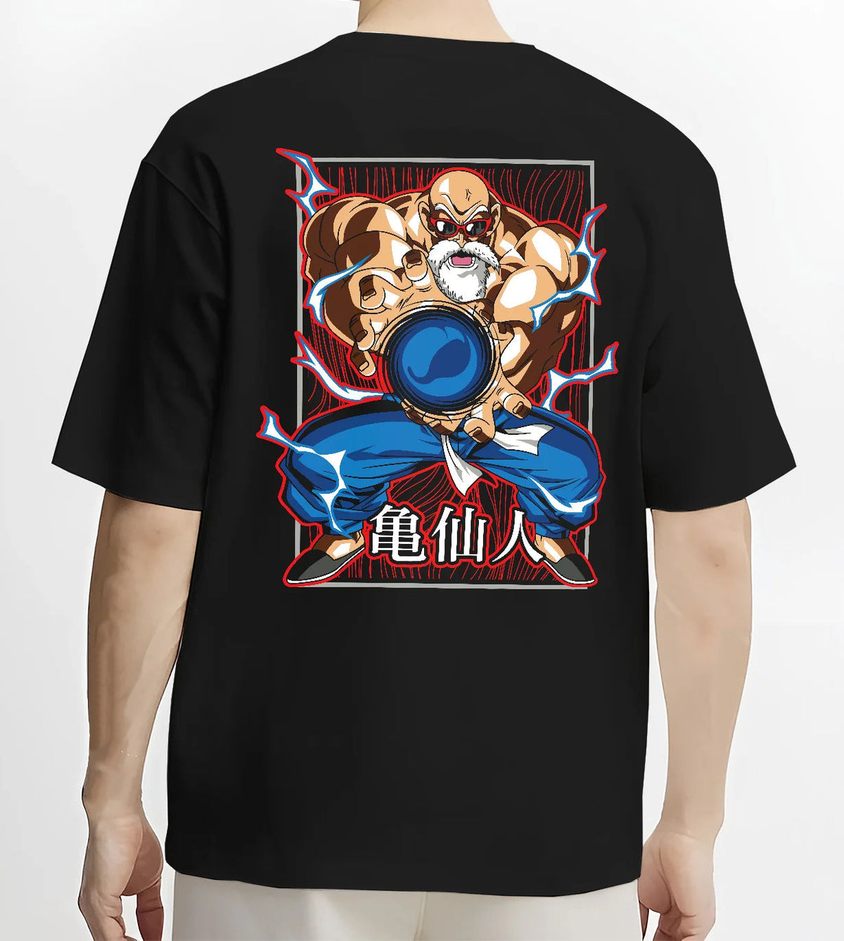 Black T-shirt model back view showing Master Roshi / Kame-Sennin from Dragon Ball: Kamehameha