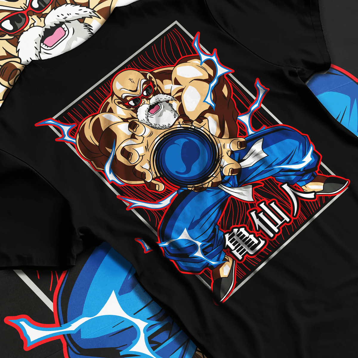 Black T-shirt flat back view showing Master Roshi / Kame-Sennin from Dragon Ball: Kamehameha