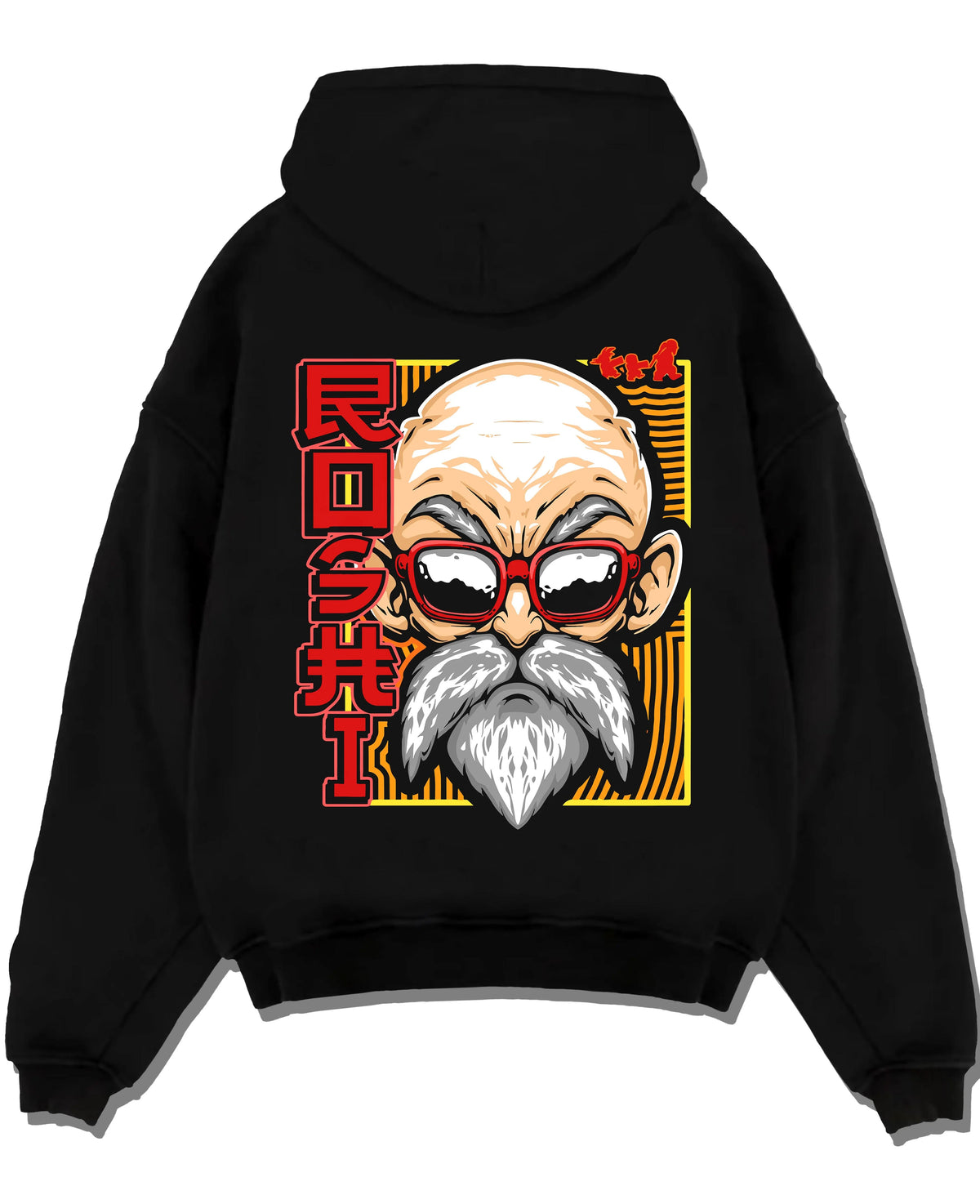 Black hoodie laid flat featuring Master Roshi Kamehameha Turtle Hermit Dragon Ball artwork.