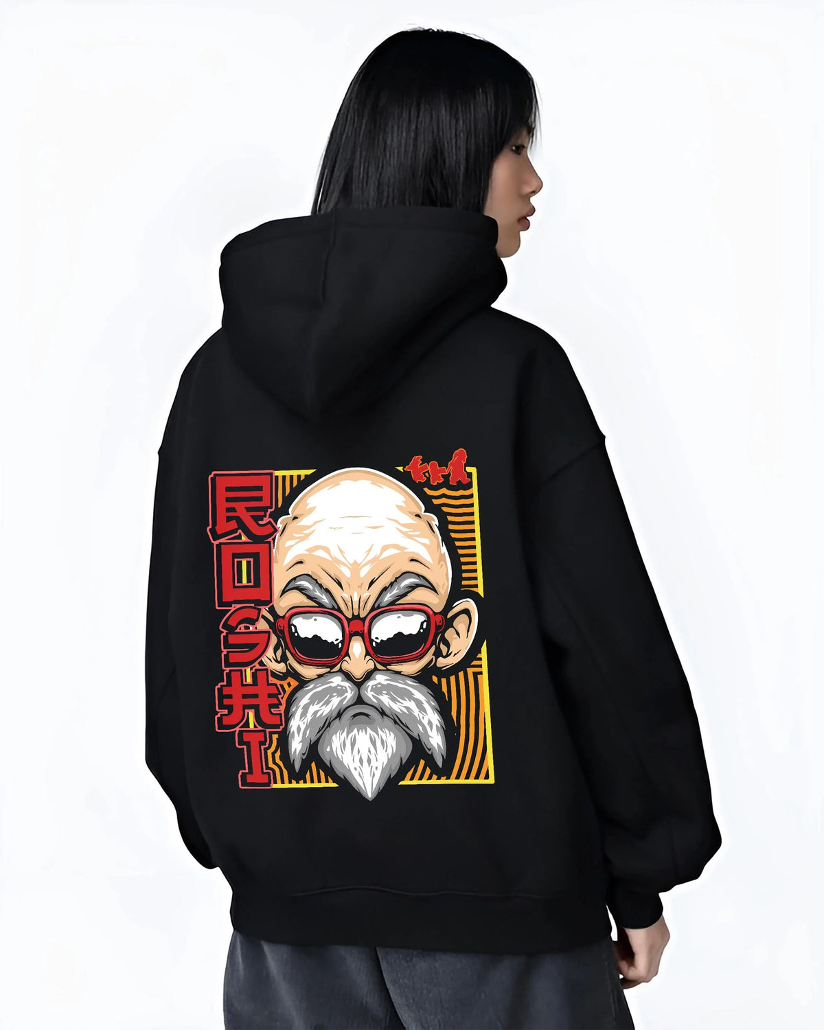 Black hoodie worn by female model from the back featuring Master Roshi Kamehameha Turtle Hermit Dragon Ball artwork.