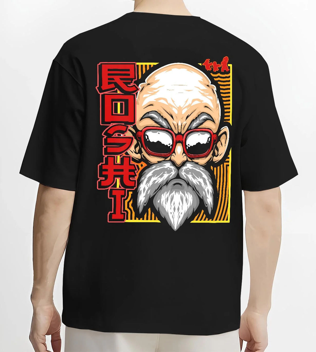Black T-shirt worn by male model from the back featuring Master Roshi Kamehameha Turtle Hermit Dragon Ball artwork.
