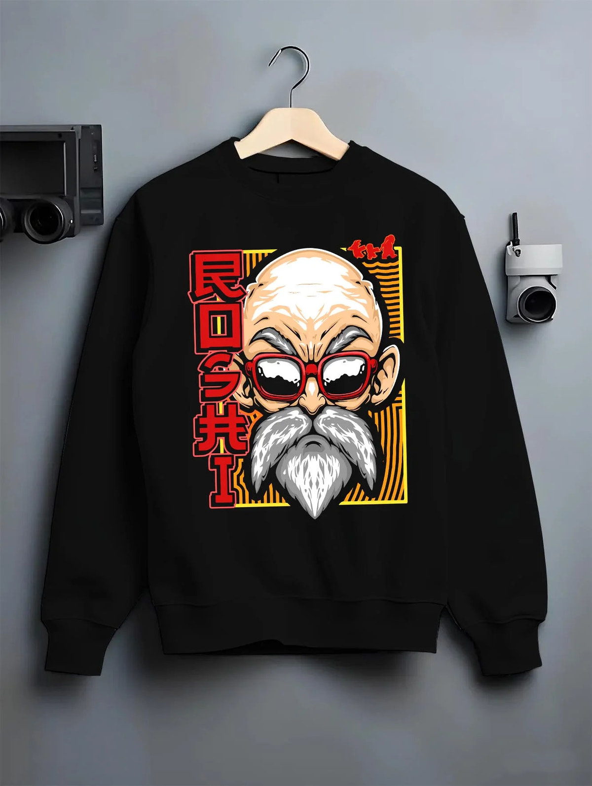 Black crewneck sweatshirt on hanger featuring Master Roshi Kamehameha Turtle Hermit Dragon Ball artwork.