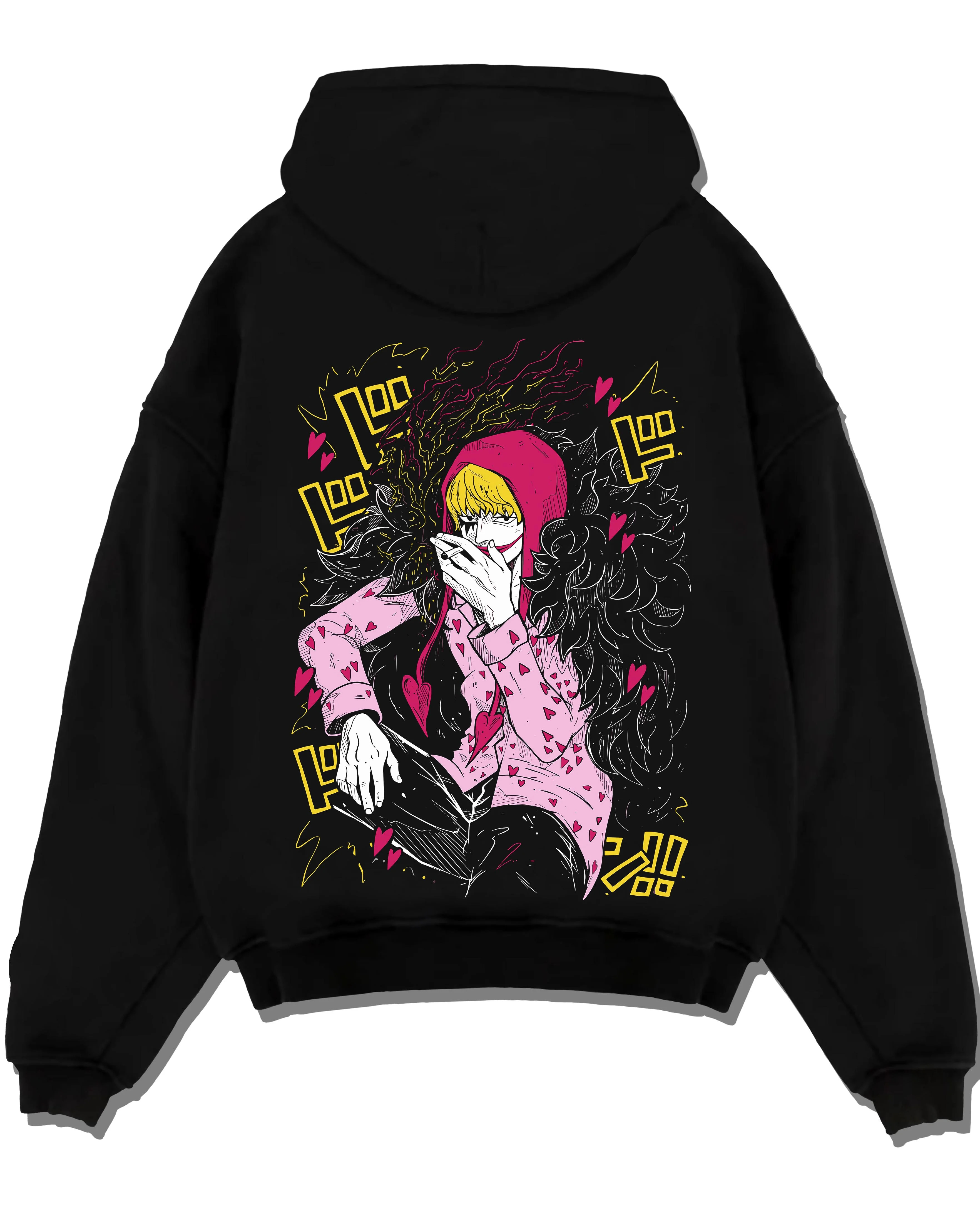 Black pullover hoodie laid flat on white background, featuring anime poster inspired design of Corazon Donquixote Rosinante from One Piece.