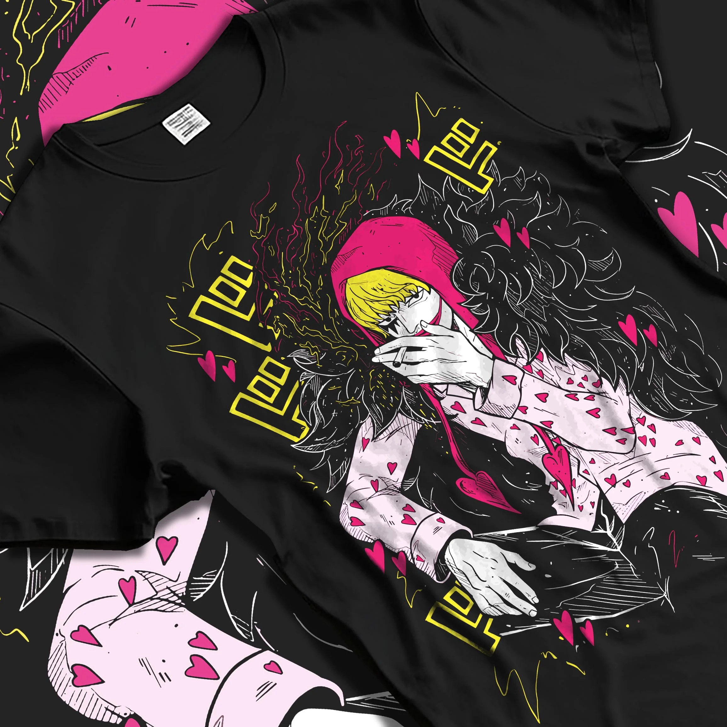 Black T-shirt laid flat with natural folds, showcasing vaporwave retro inspired Corazon Donquixote Rosinante One Piece artwork.