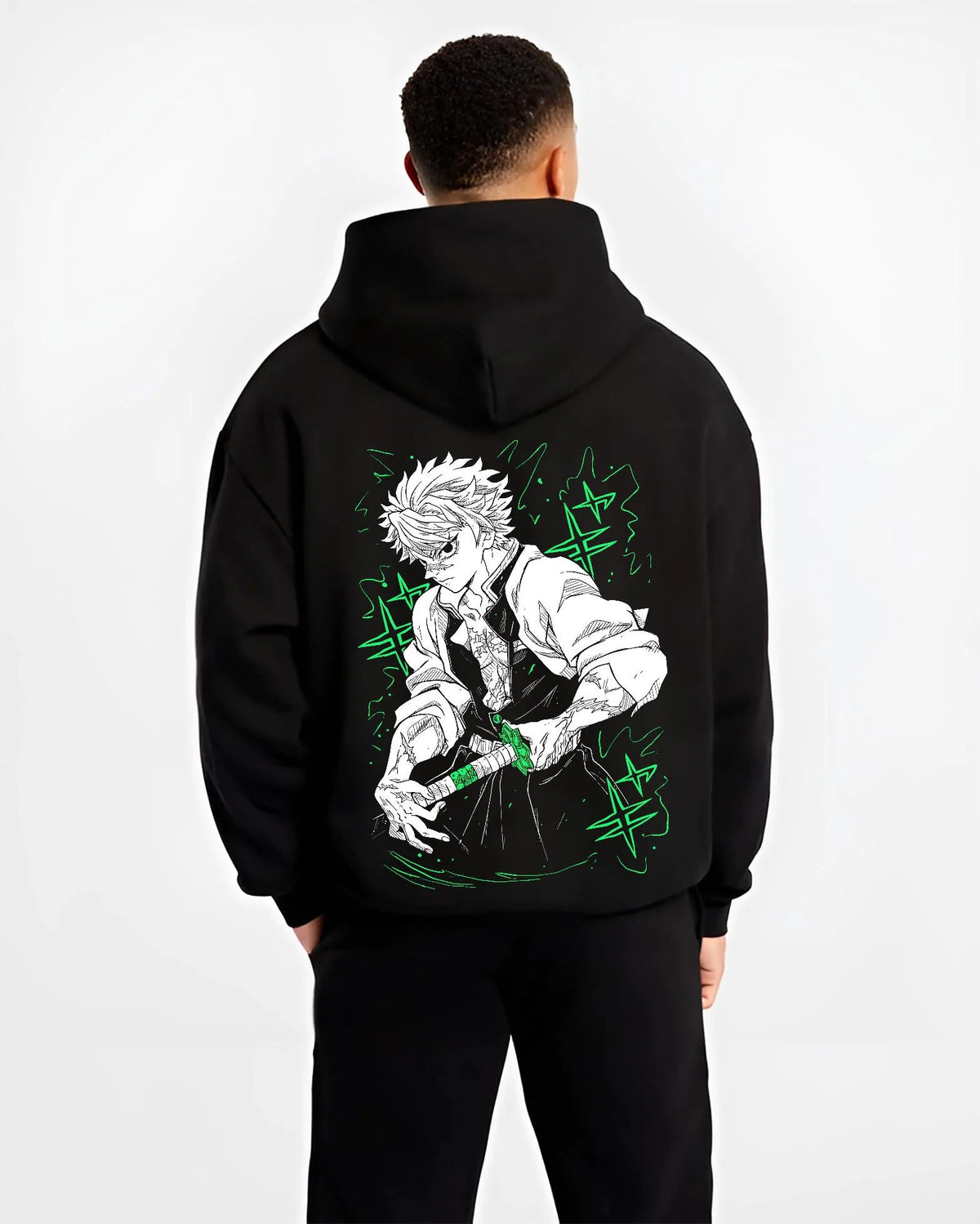Black hoodie worn by male model from the back featuring Sanemi Shinazugawa Wind Hashira Demon Slayer artwork.