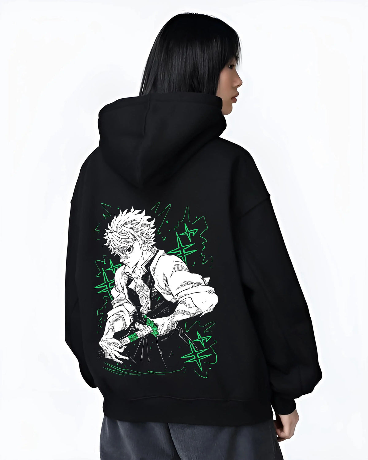 Black hoodie worn by female model from the back featuring Sanemi Shinazugawa Wind Hashira Demon Slayer artwork.