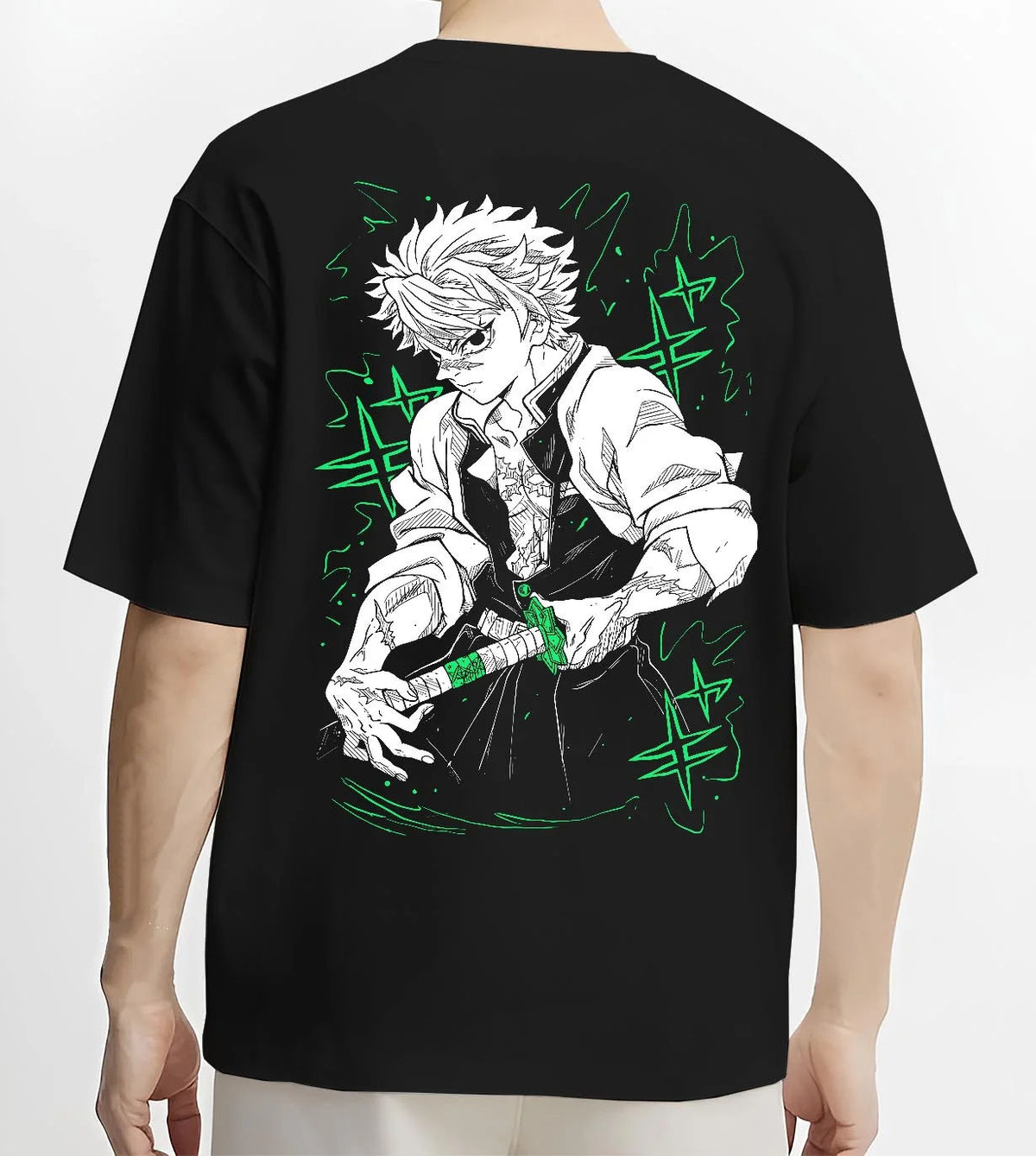 Black T-shirt worn by male model from the back featuring Sanemi Shinazugawa Wind Hashira Demon Slayer artwork.
